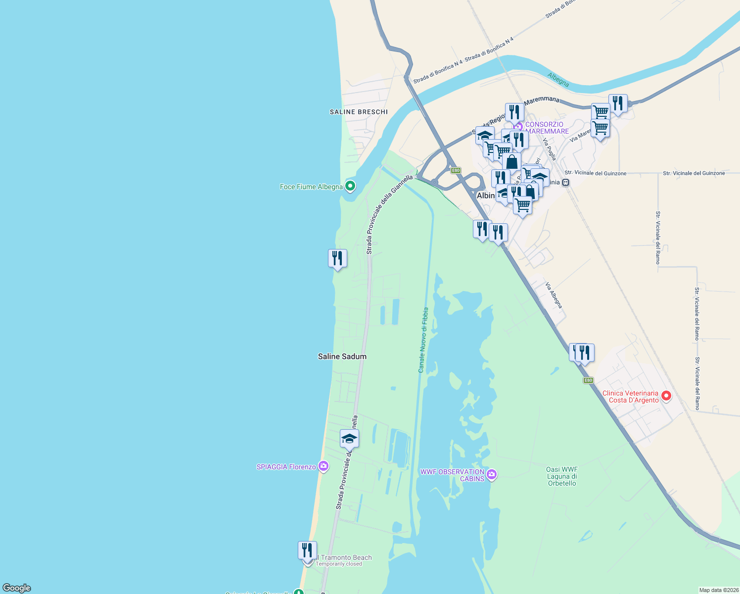 map of restaurants, bars, coffee shops, grocery stores, and more near 212 Strada Provinciale della Giannella in Provincia di Grosseto