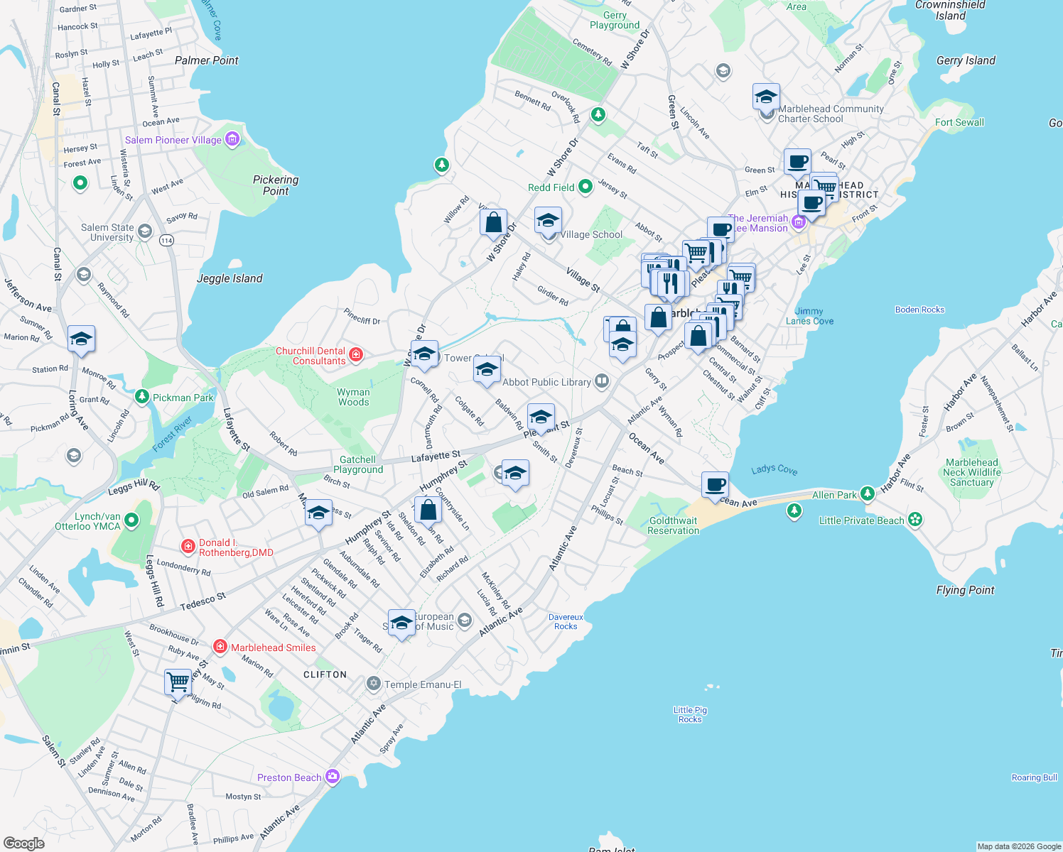 map of restaurants, bars, coffee shops, grocery stores, and more near 271 Pleasant Street in Marblehead