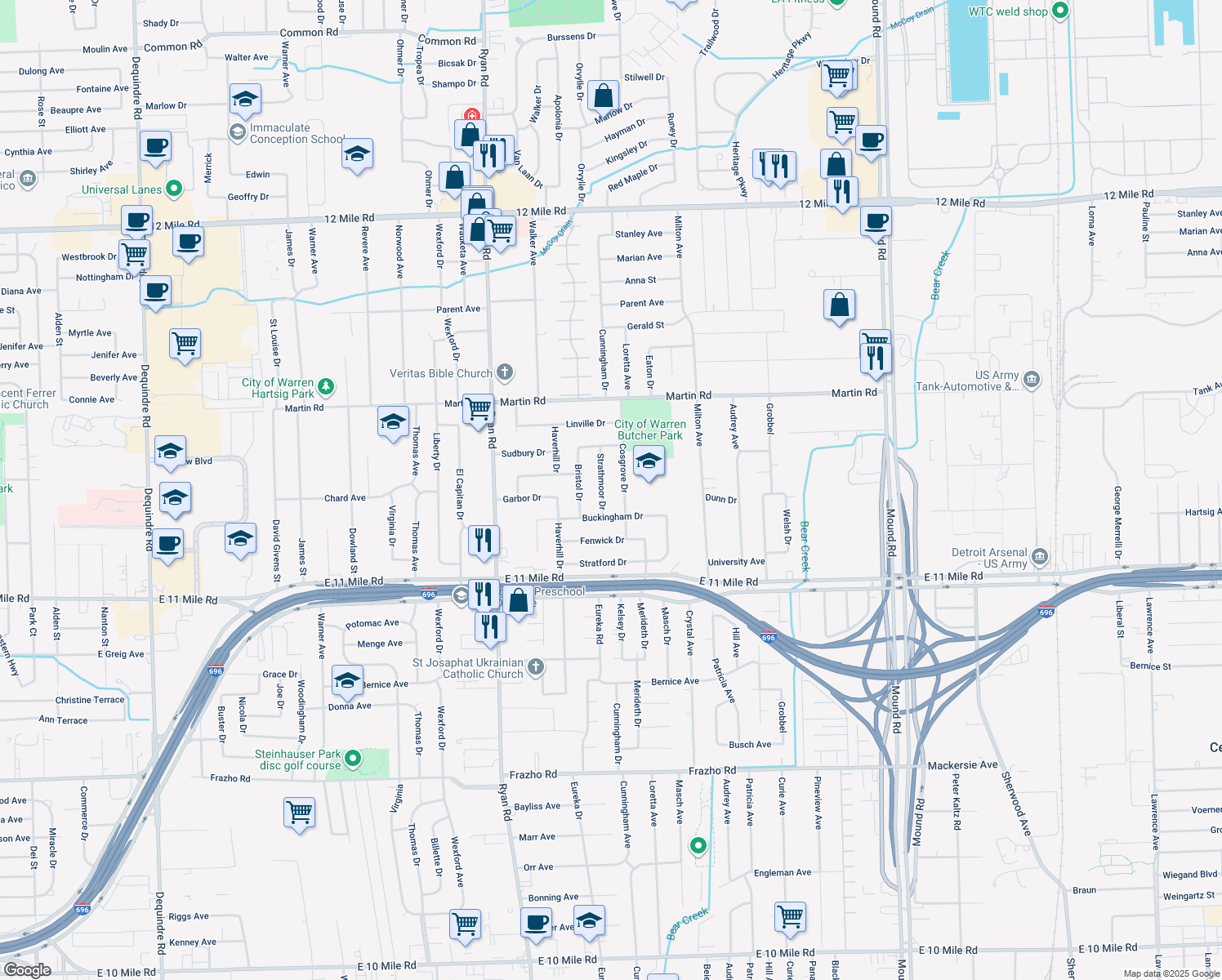 map of restaurants, bars, coffee shops, grocery stores, and more near 27478 Strathmoor Drive in Warren
