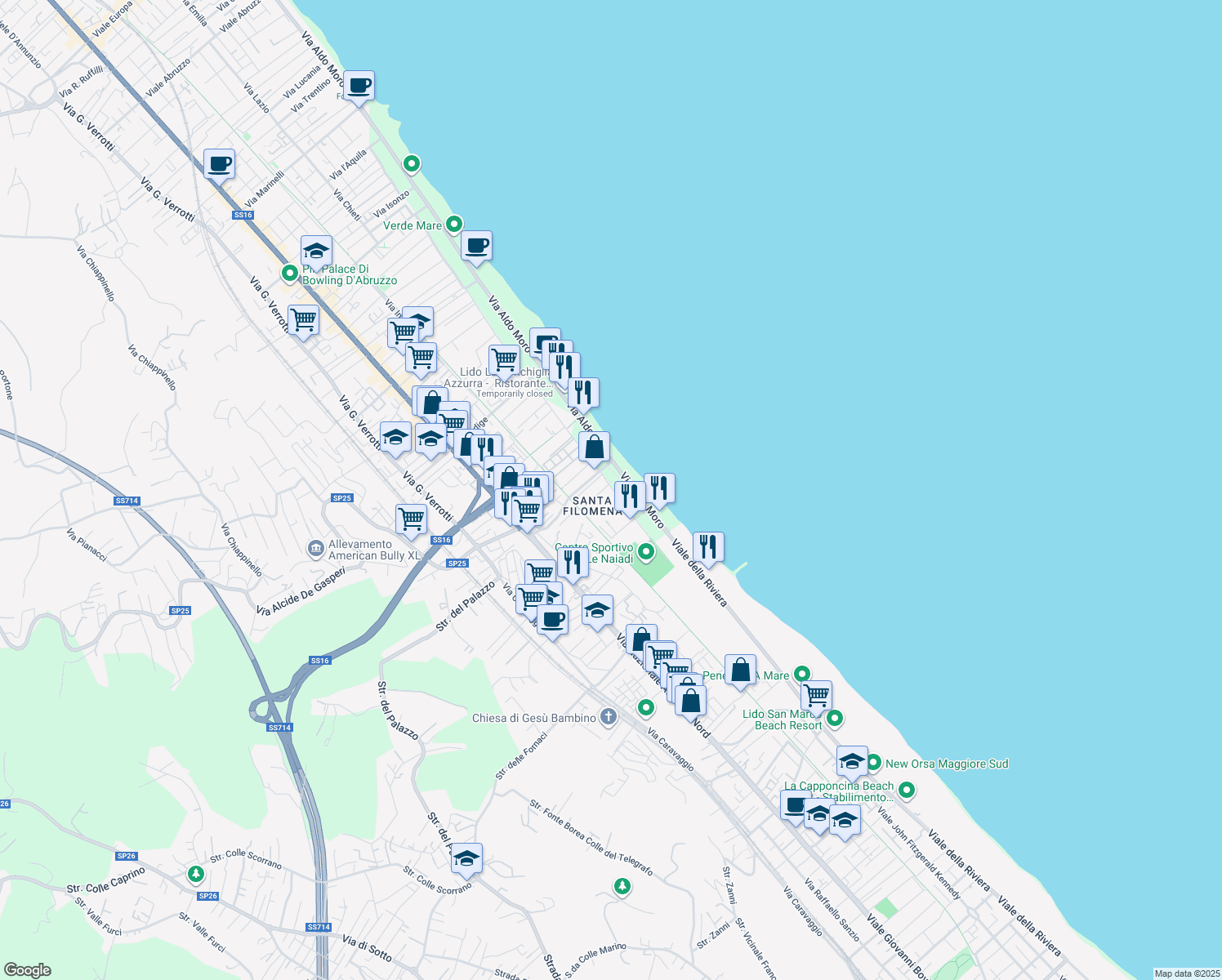 map of restaurants, bars, coffee shops, grocery stores, and more near 12C Via Crati in Montesilvano