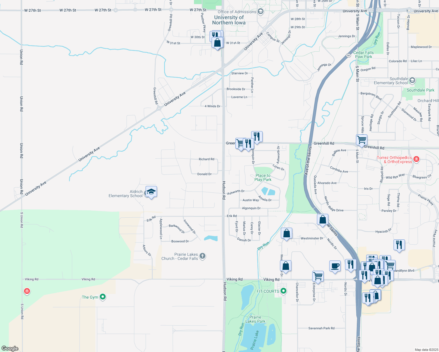 map of restaurants, bars, coffee shops, grocery stores, and more near 4716 Donald Drive in Cedar Falls