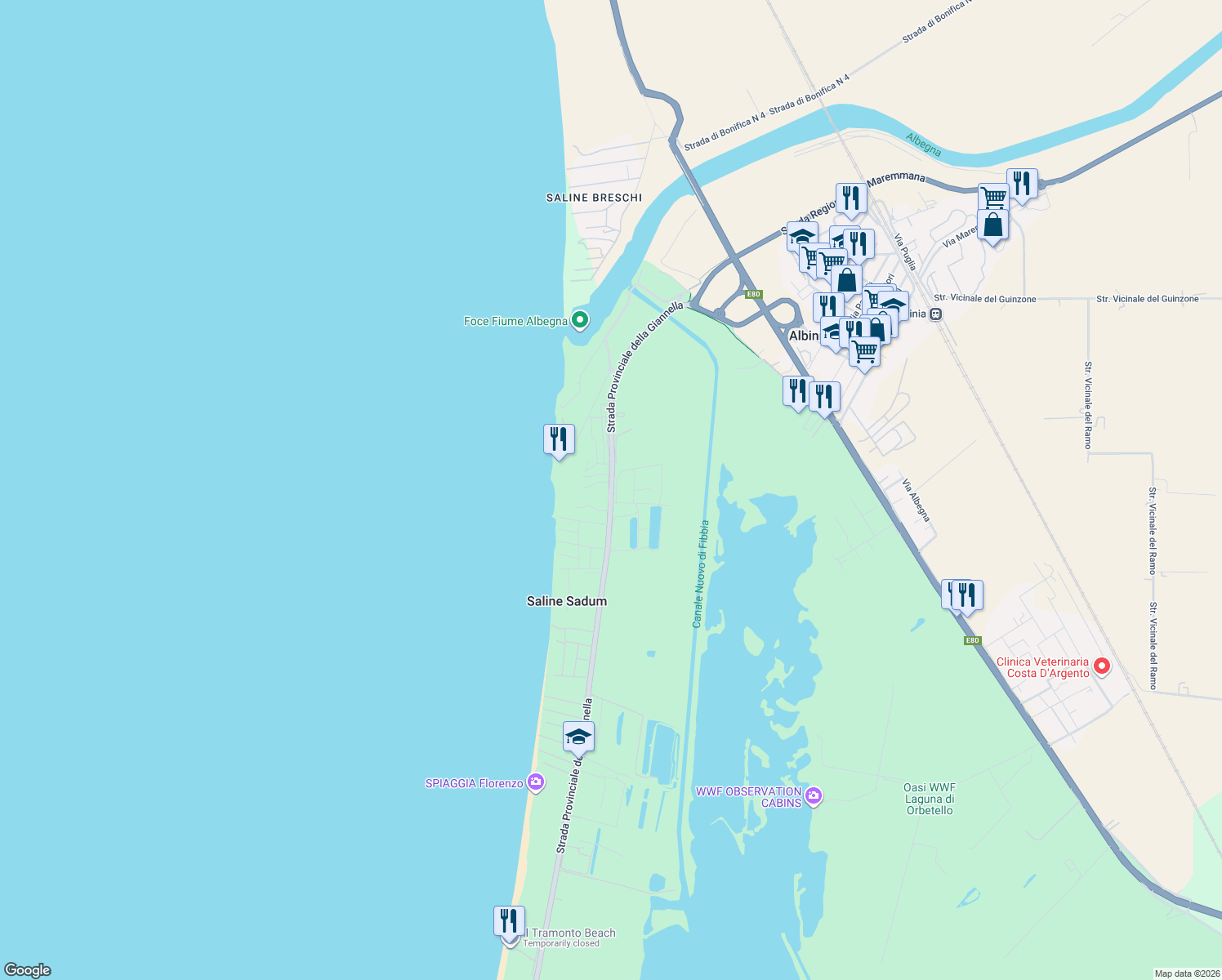 map of restaurants, bars, coffee shops, grocery stores, and more near 212 Strada Provinciale della Giannella in Provincia di Grosseto