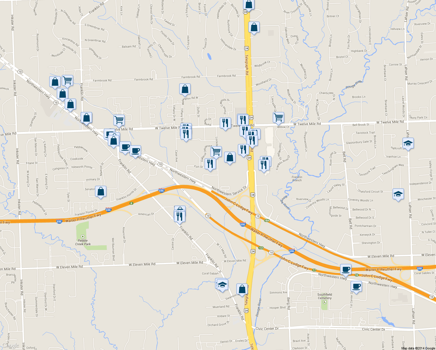 map of restaurants, bars, coffee shops, grocery stores, and more near 28381 Lockdale Street in Southfield