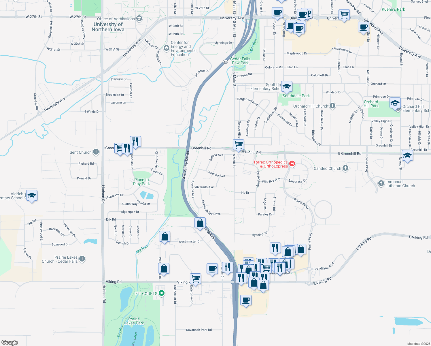 map of restaurants, bars, coffee shops, grocery stores, and more near 309 Cordoba Avenue in Cedar Falls