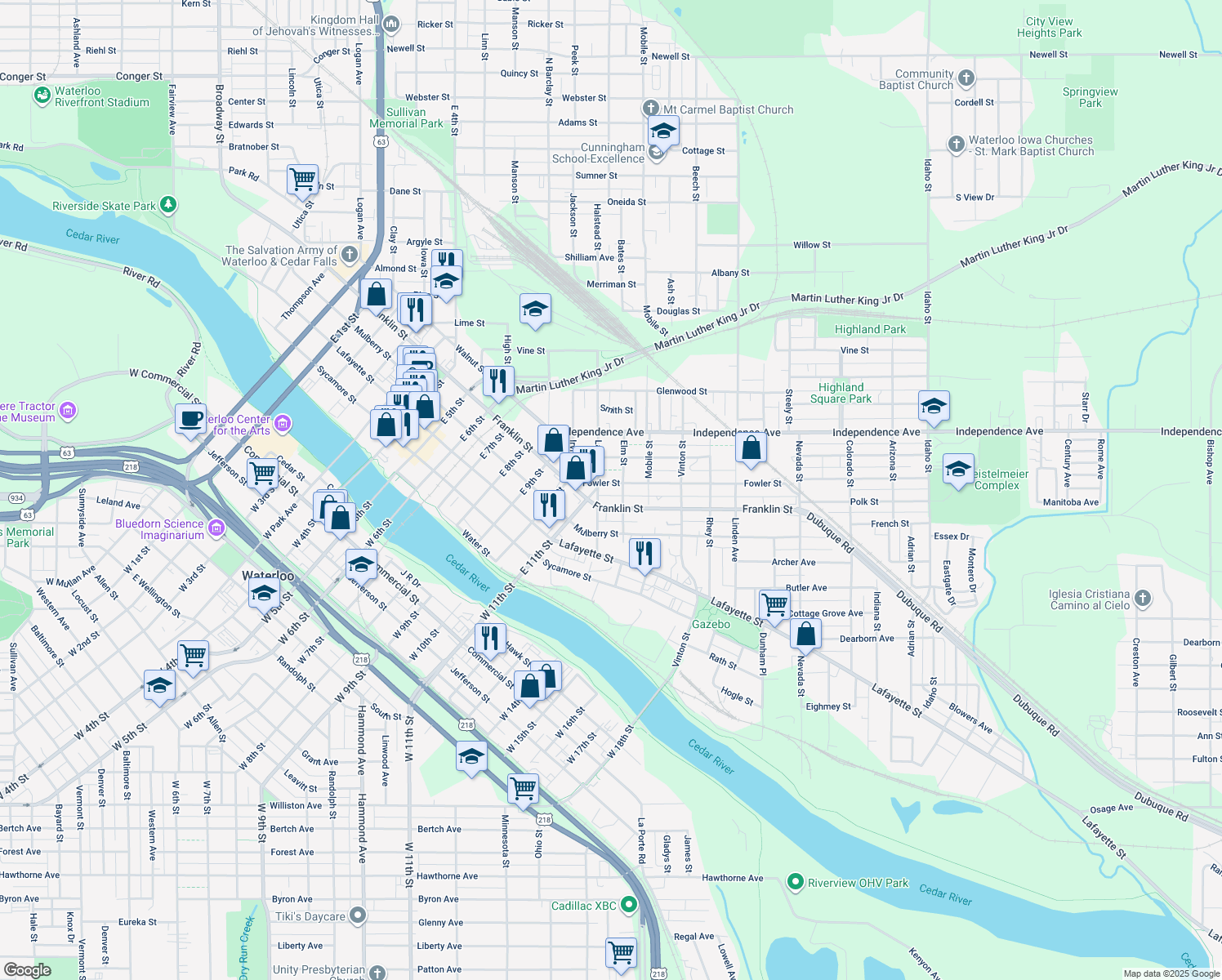 map of restaurants, bars, coffee shops, grocery stores, and more near in Waterloo