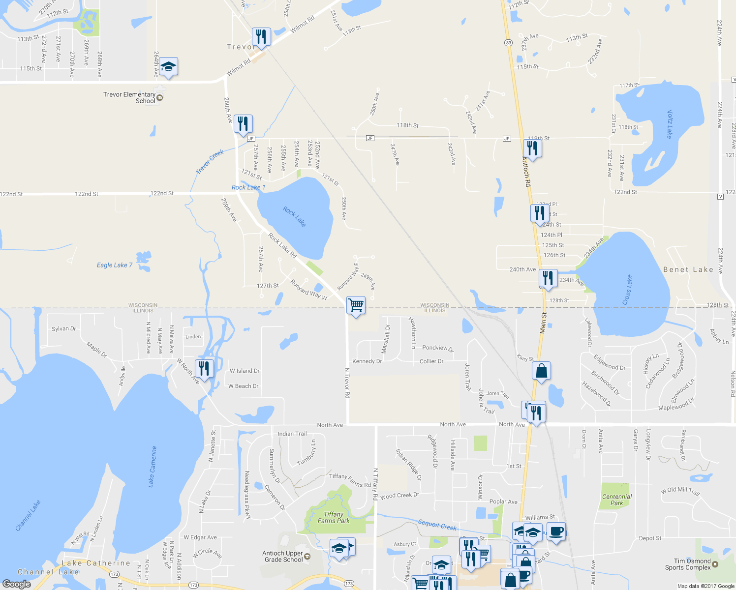 map of restaurants, bars, coffee shops, grocery stores, and more near 12762 249th Avenue in Trevor