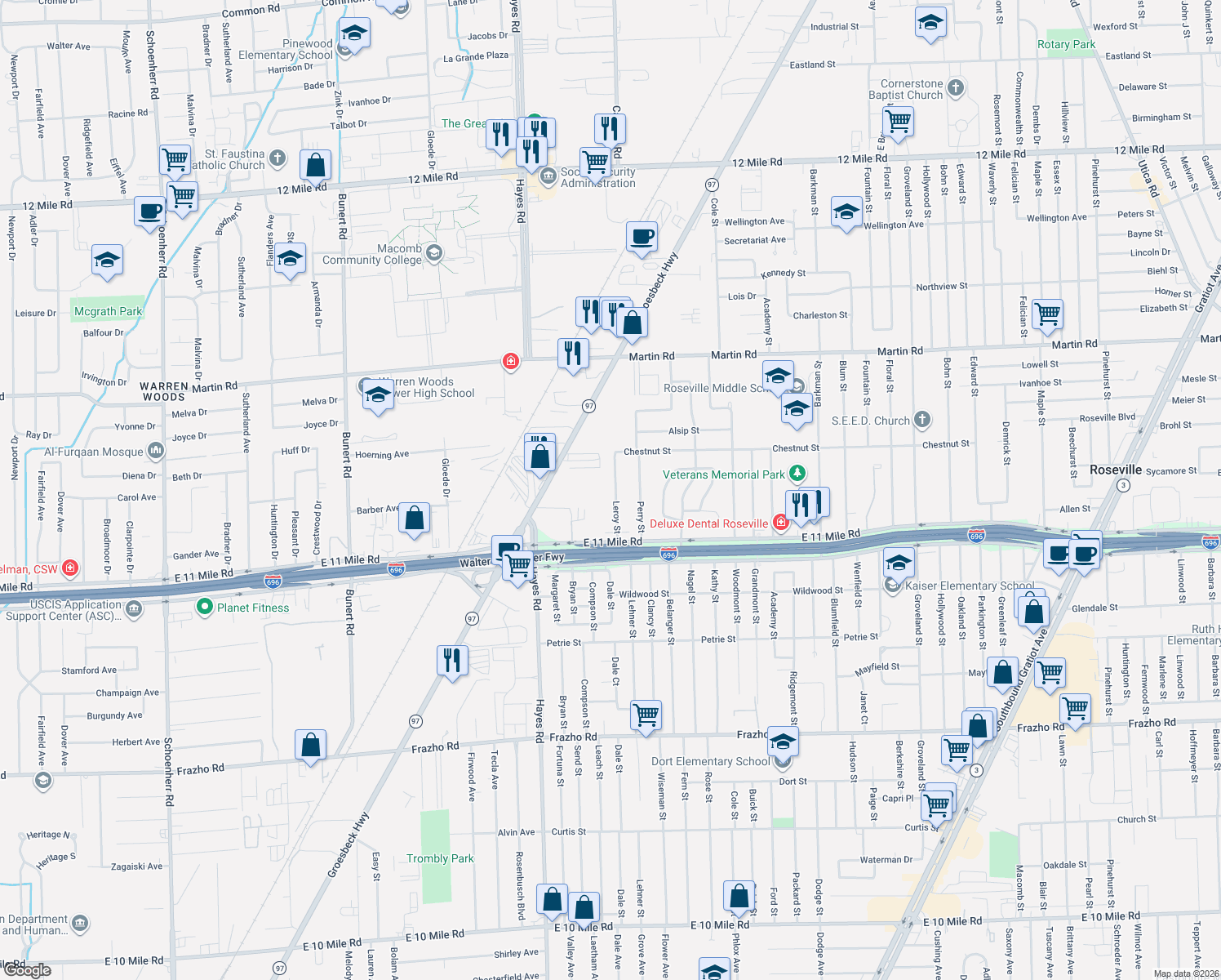 map of restaurants, bars, coffee shops, grocery stores, and more near 27261 Leroy Street in Roseville