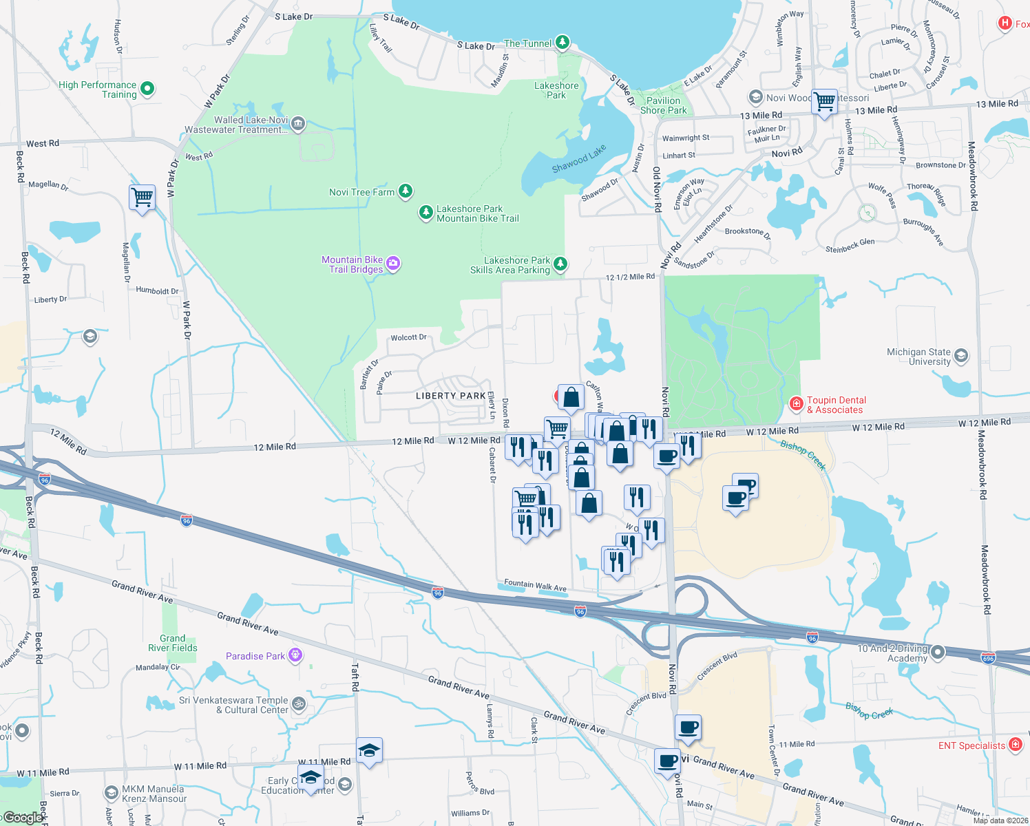 map of restaurants, bars, coffee shops, grocery stores, and more near 28000 Dixon Rd in Novi