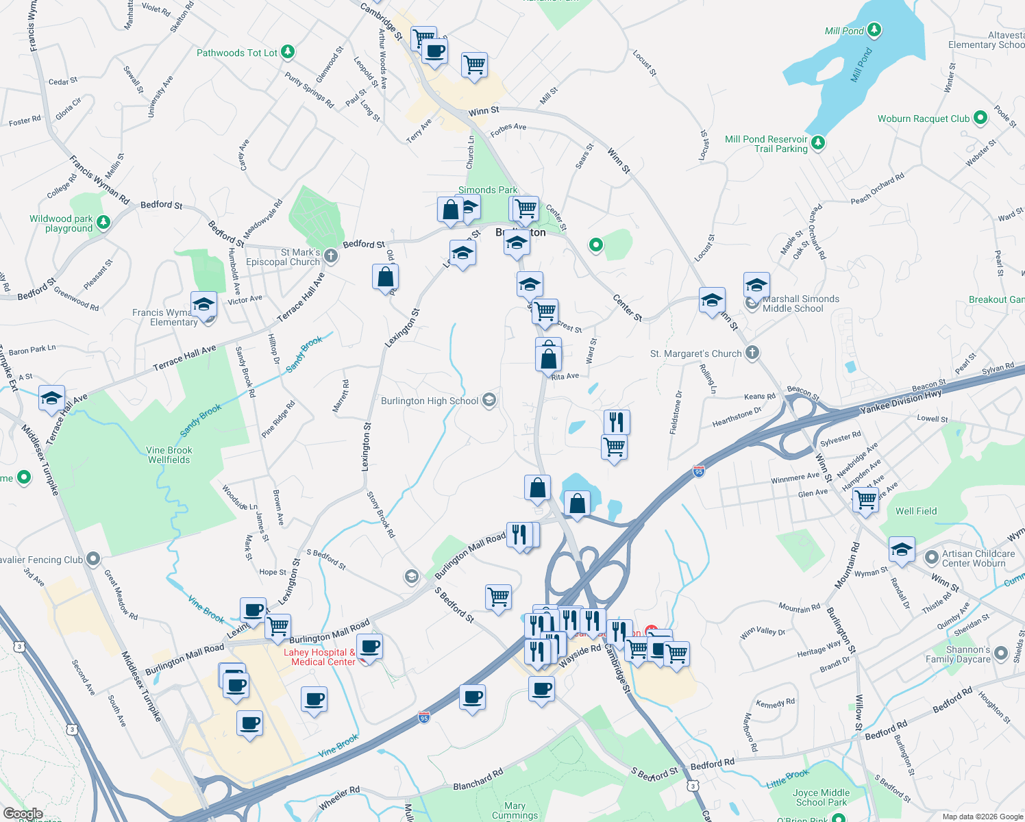 map of restaurants, bars, coffee shops, grocery stores, and more near 22 Arlington Rd in Burlington