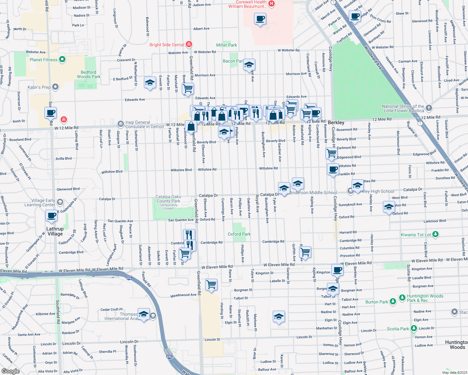 map of restaurants, bars, coffee shops, grocery stores, and more near 2678 Bacon Ave in Berkley