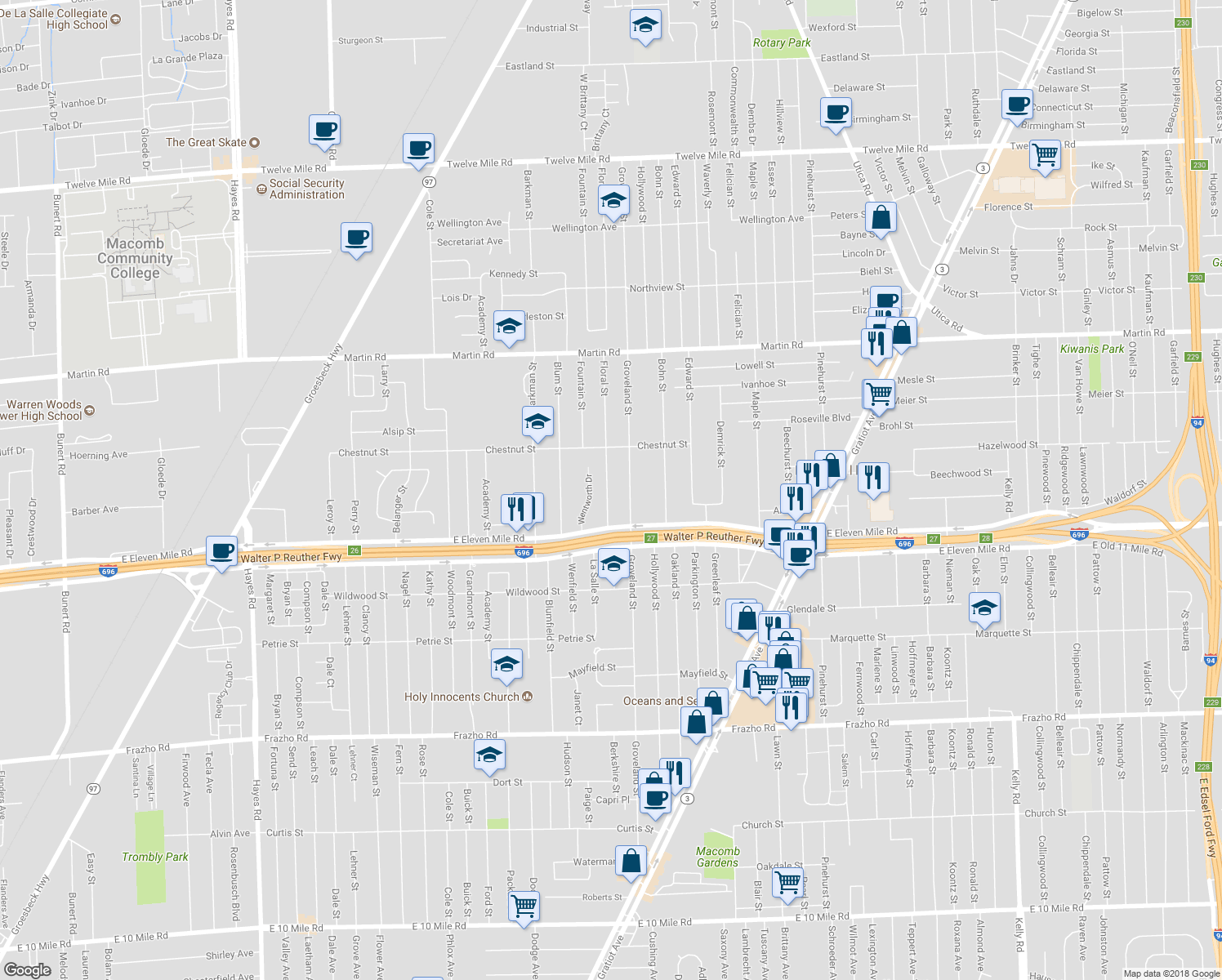 map of restaurants, bars, coffee shops, grocery stores, and more near 27256 Floral Street in Roseville