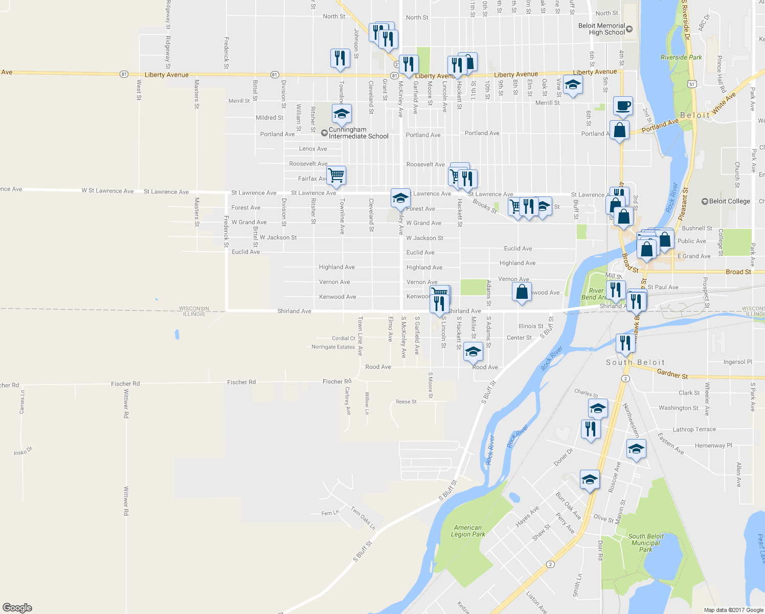 map of restaurants, bars, coffee shops, grocery stores, and more near 1541 Shirland Avenue in Beloit