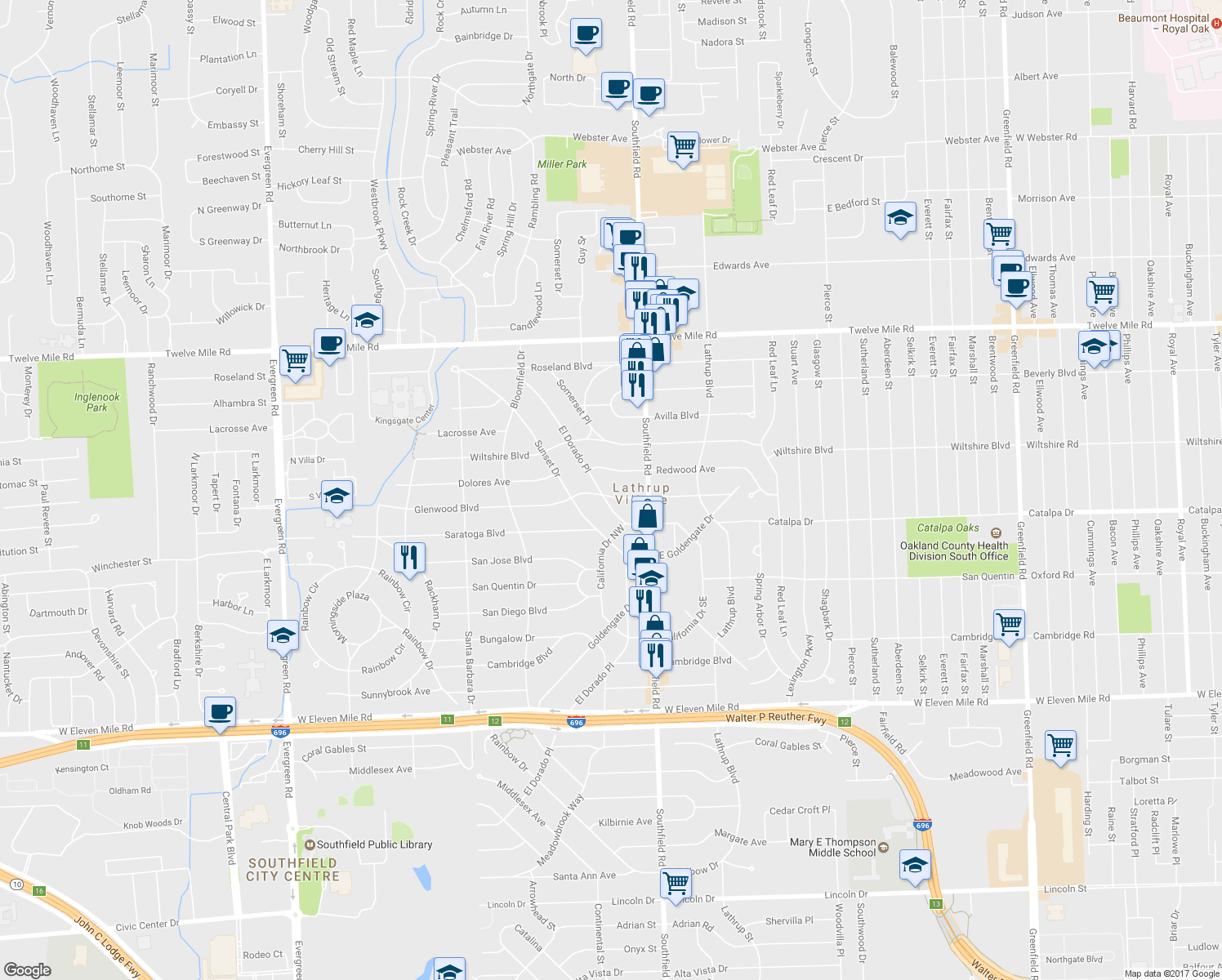 map of restaurants, bars, coffee shops, grocery stores, and more near 18230 Glenwood Boulevard in Lathrup Village