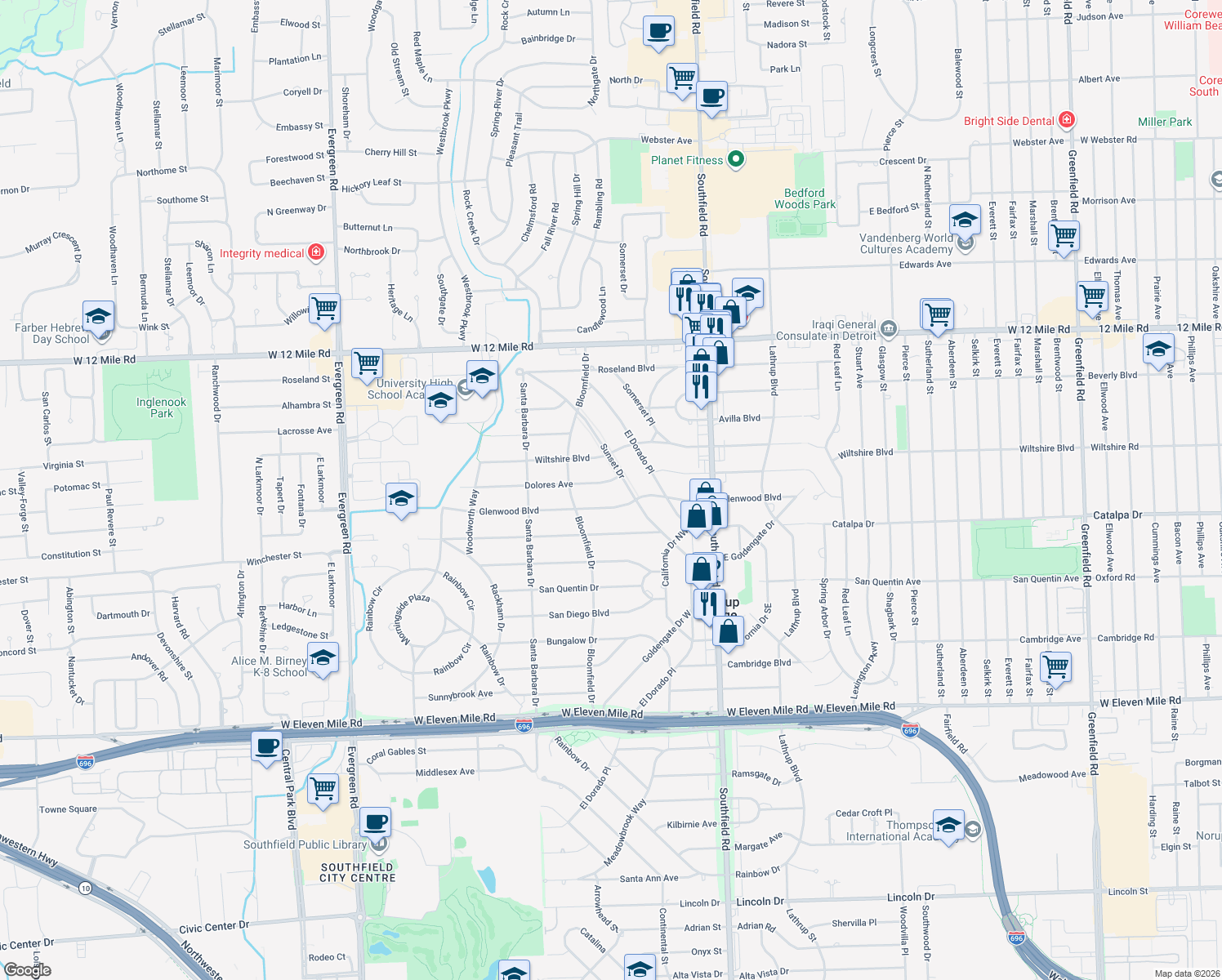 map of restaurants, bars, coffee shops, grocery stores, and more near 18469 Dolores Avenue in Lathrup Village