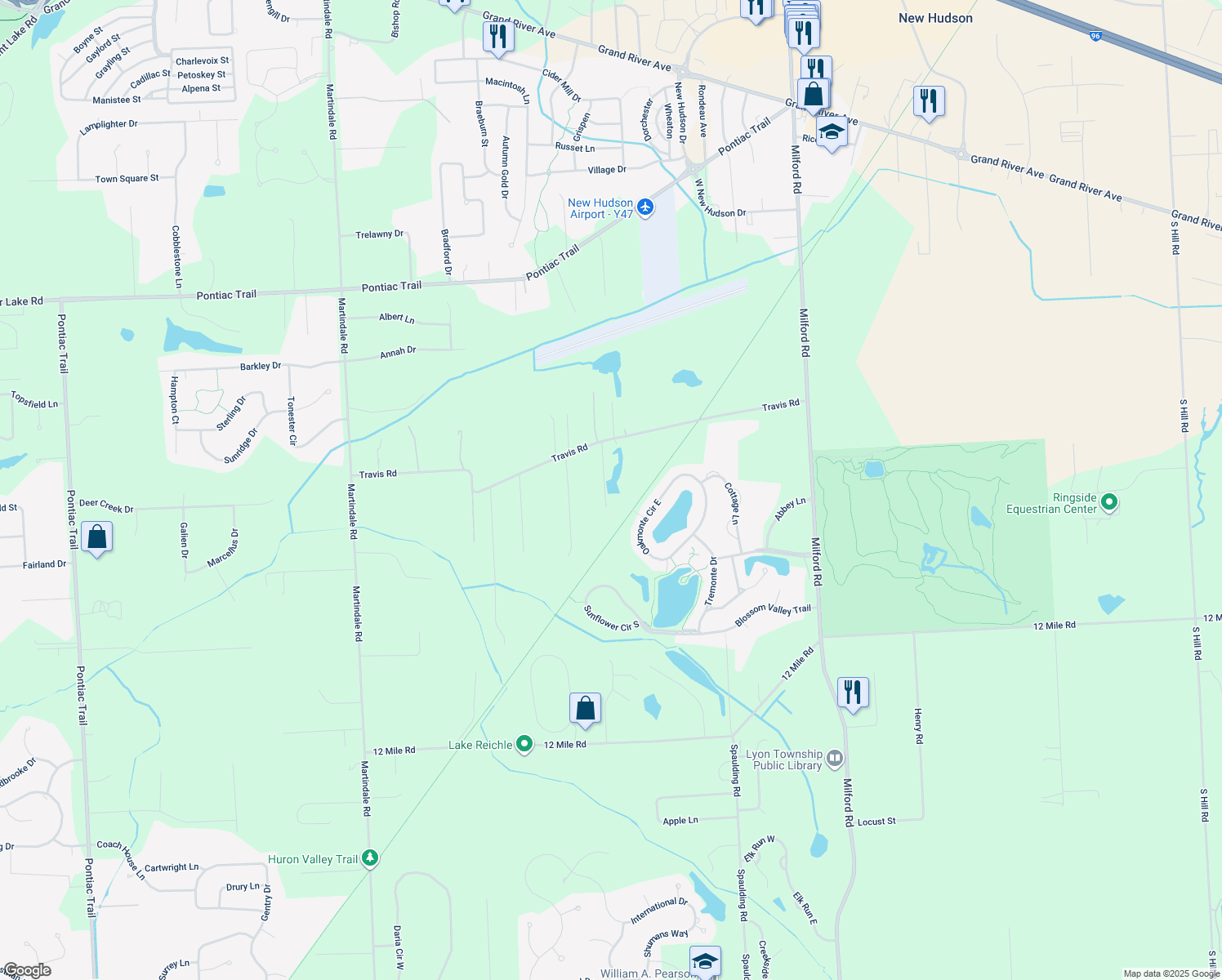 map of restaurants, bars, coffee shops, grocery stores, and more near 58075 Travis Road in Lyon Charter Township