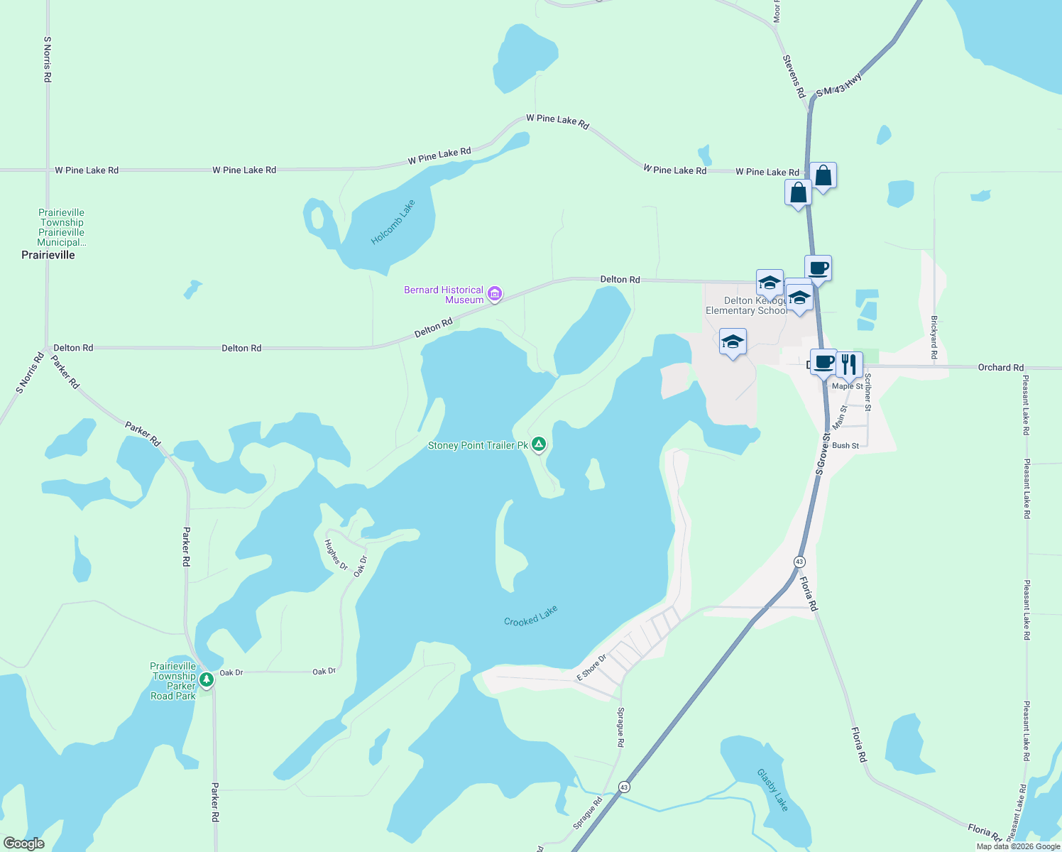 map of restaurants, bars, coffee shops, grocery stores, and more near 10764 Stoney Point Drive in Delton