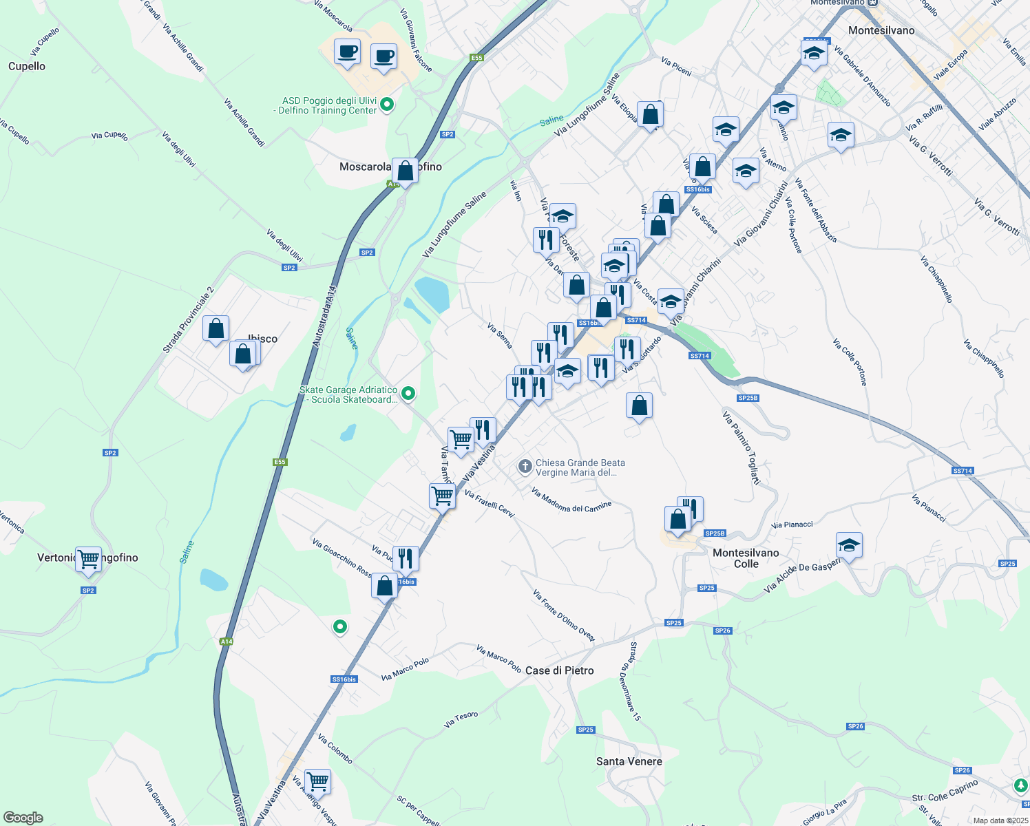 map of restaurants, bars, coffee shops, grocery stores, and more near 464 Via Vestina in Montesilvano