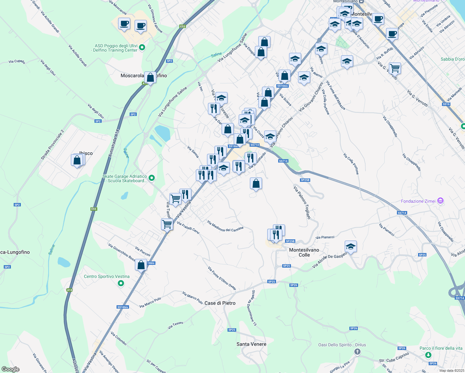 map of restaurants, bars, coffee shops, grocery stores, and more near Via Filippo Turati in Montesilvano
