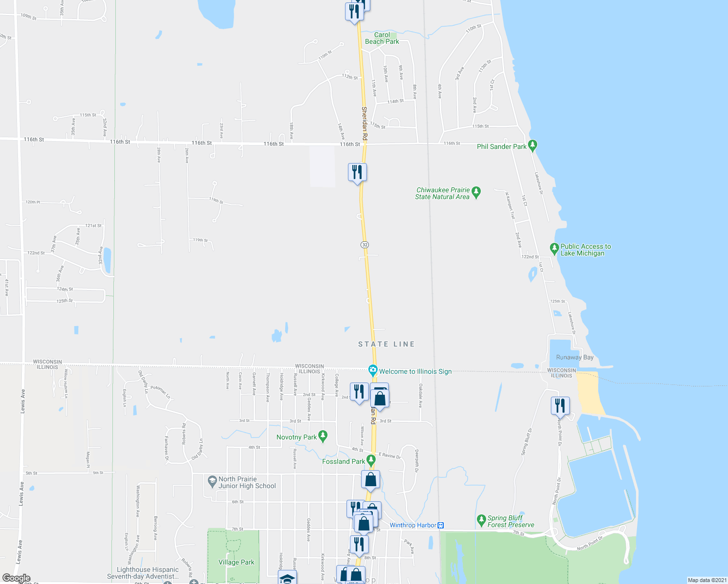 map of restaurants, bars, coffee shops, grocery stores, and more near 12330 Sheridan Road in Pleasant Prairie
