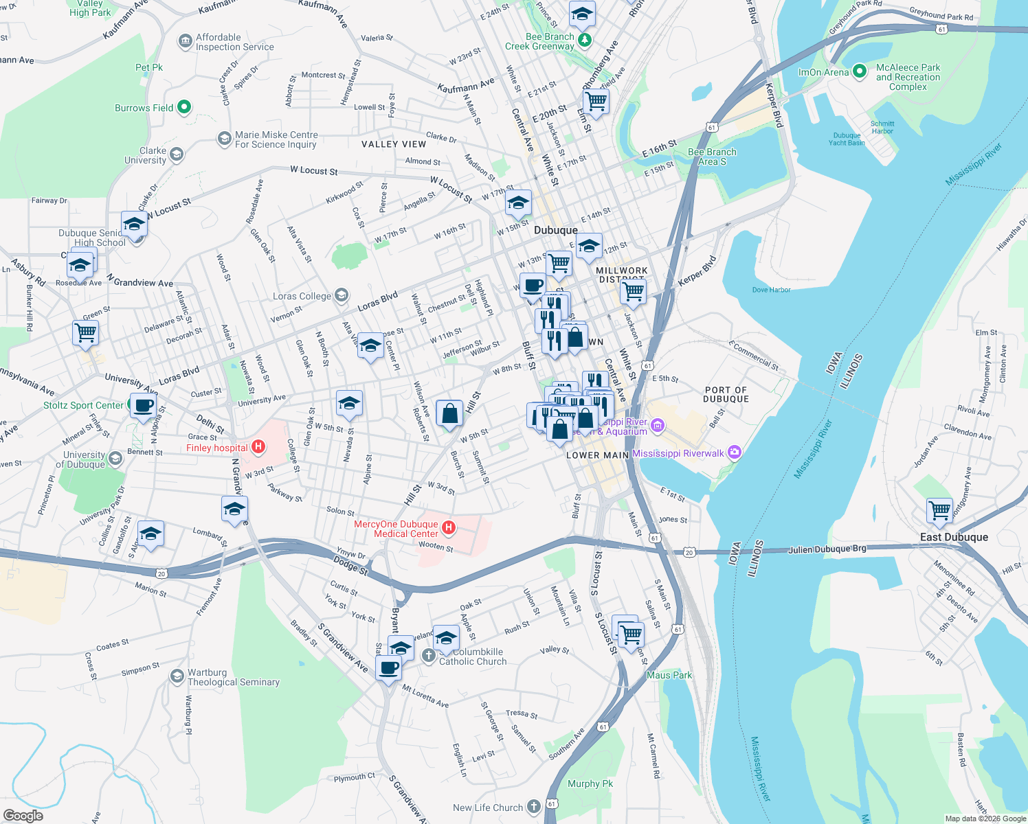 map of restaurants, bars, coffee shops, grocery stores, and more near 509 W 5th St in Dubuque
