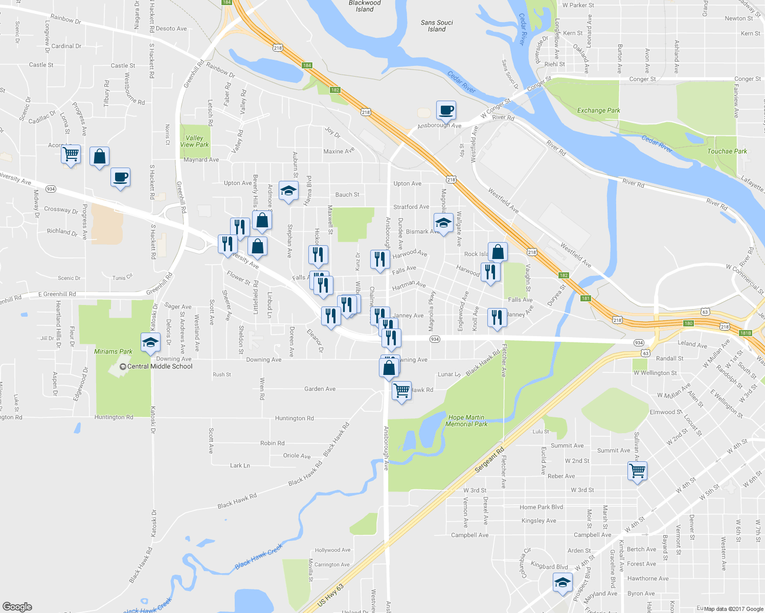 map of restaurants, bars, coffee shops, grocery stores, and more near 1028 Ansborough Avenue in Waterloo