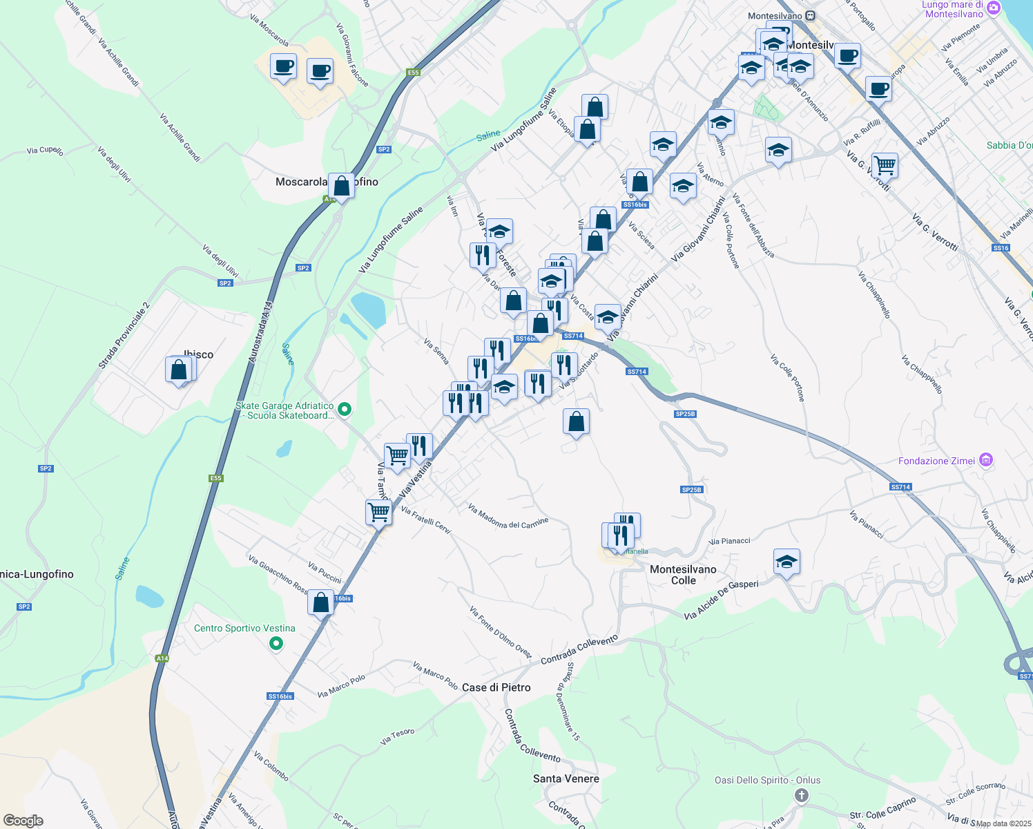 map of restaurants, bars, coffee shops, grocery stores, and more near Via Filippo Turati in Montesilvano