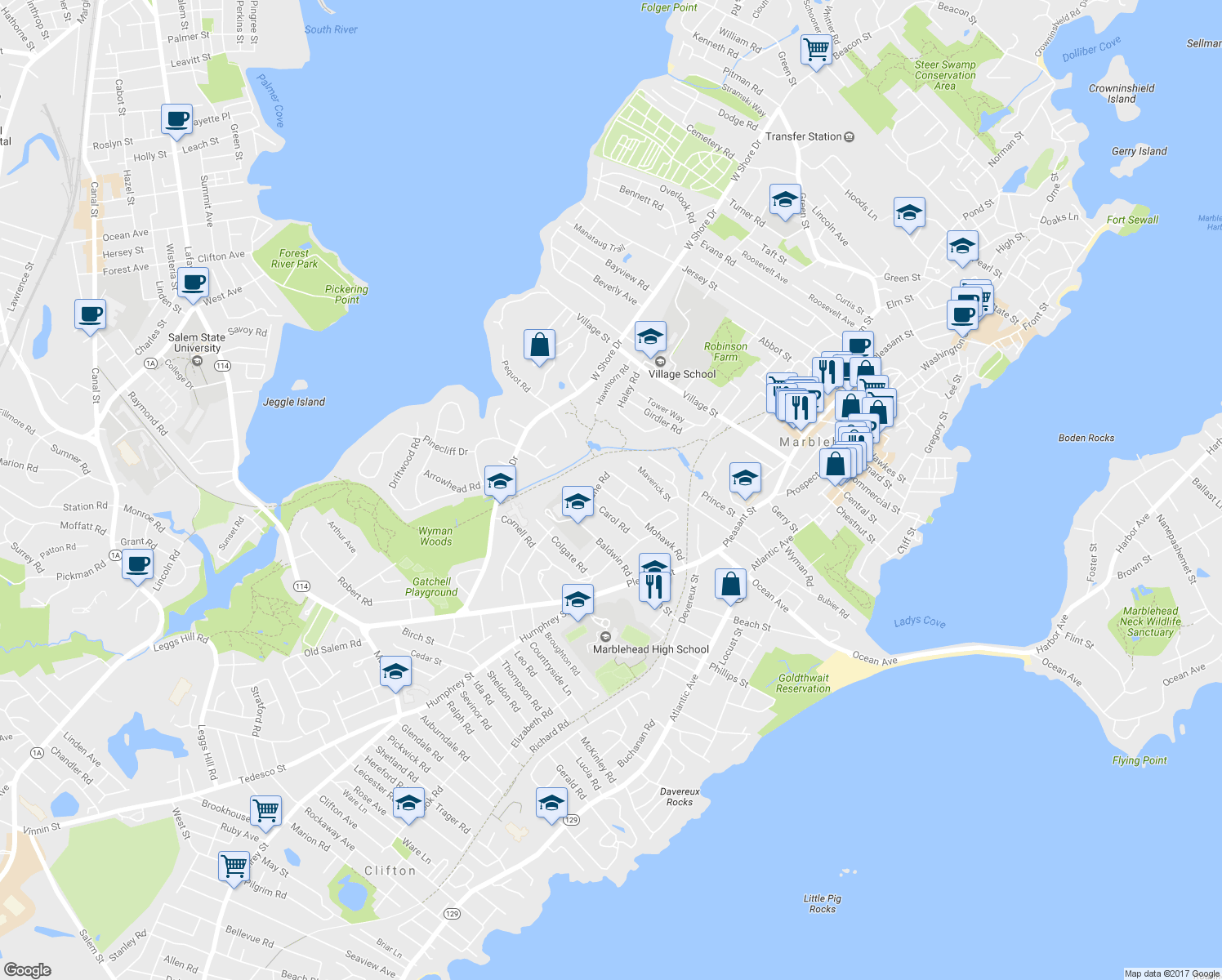 map of restaurants, bars, coffee shops, grocery stores, and more near 35 Mohawk Road in Marblehead