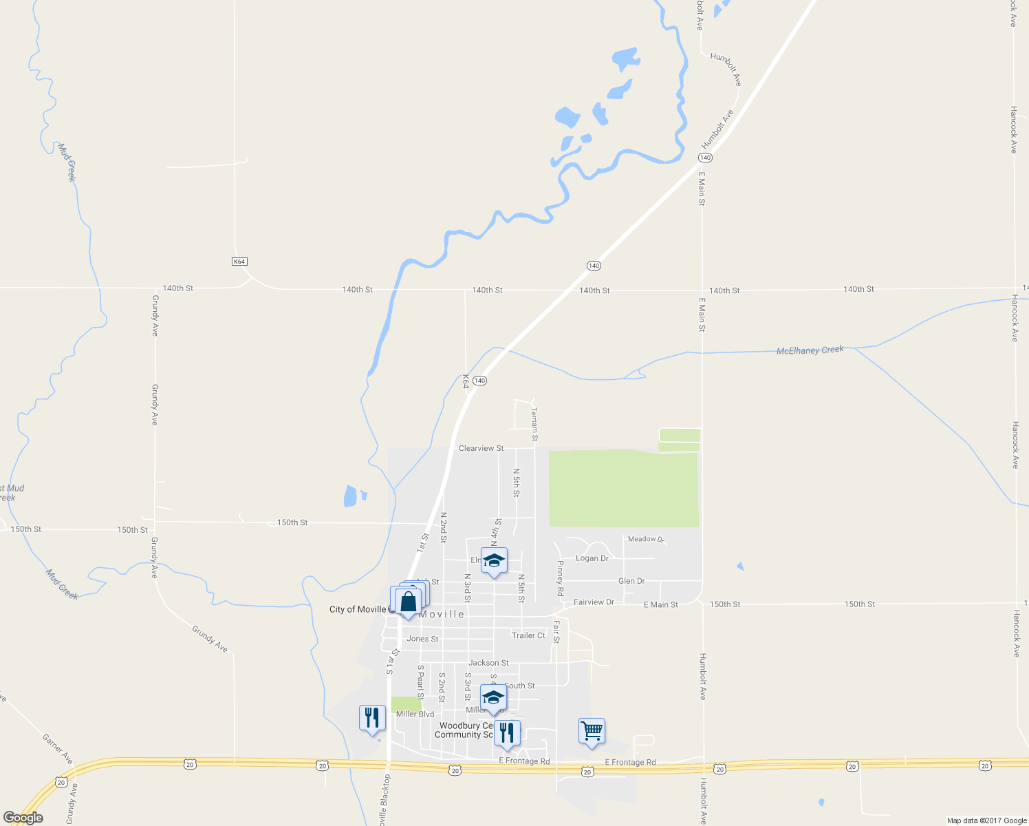 map of restaurants, bars, coffee shops, grocery stores, and more near Park Ridge Place in Moville
