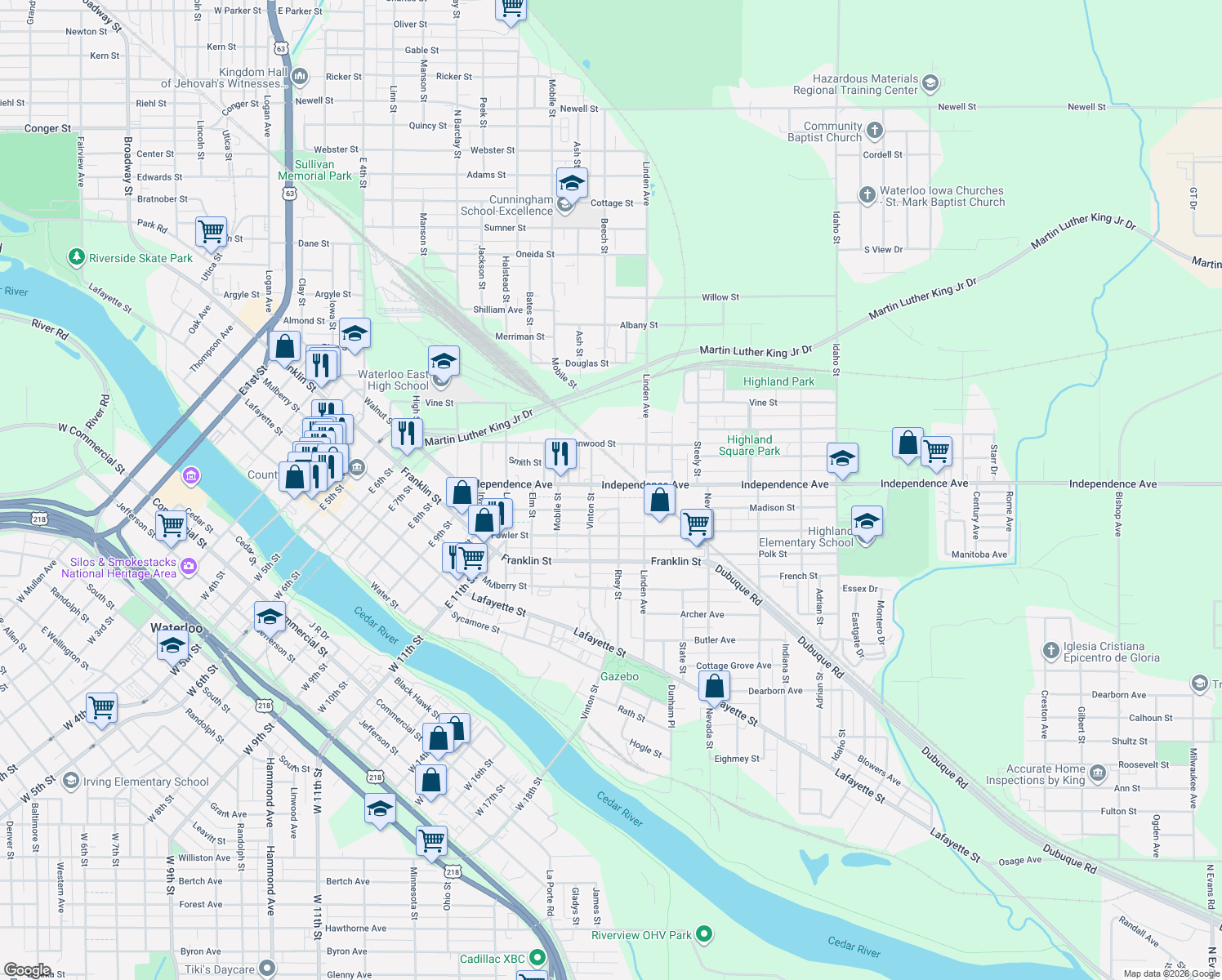 map of restaurants, bars, coffee shops, grocery stores, and more near 624 Independence Ave in Waterloo