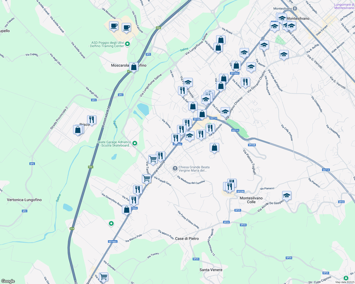 map of restaurants, bars, coffee shops, grocery stores, and more near 464 Via Vestina in Montesilvano