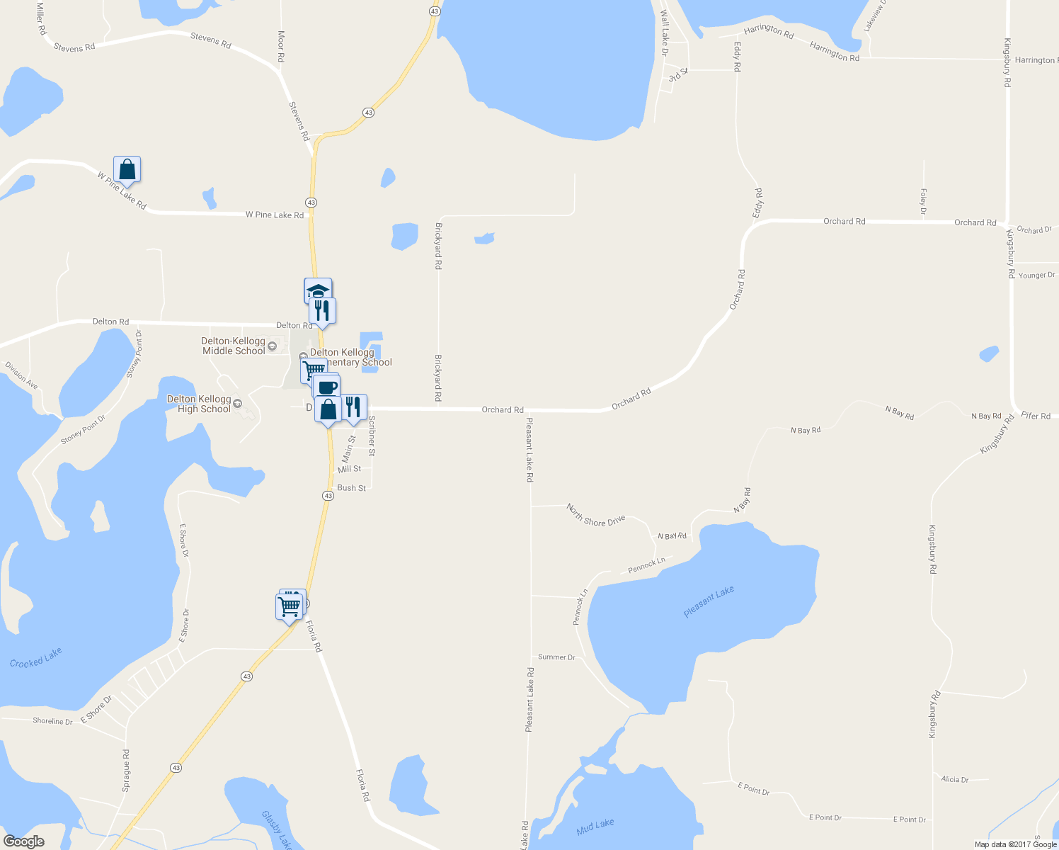 map of restaurants, bars, coffee shops, grocery stores, and more near 10542 Pleasant Lake Road in Delton