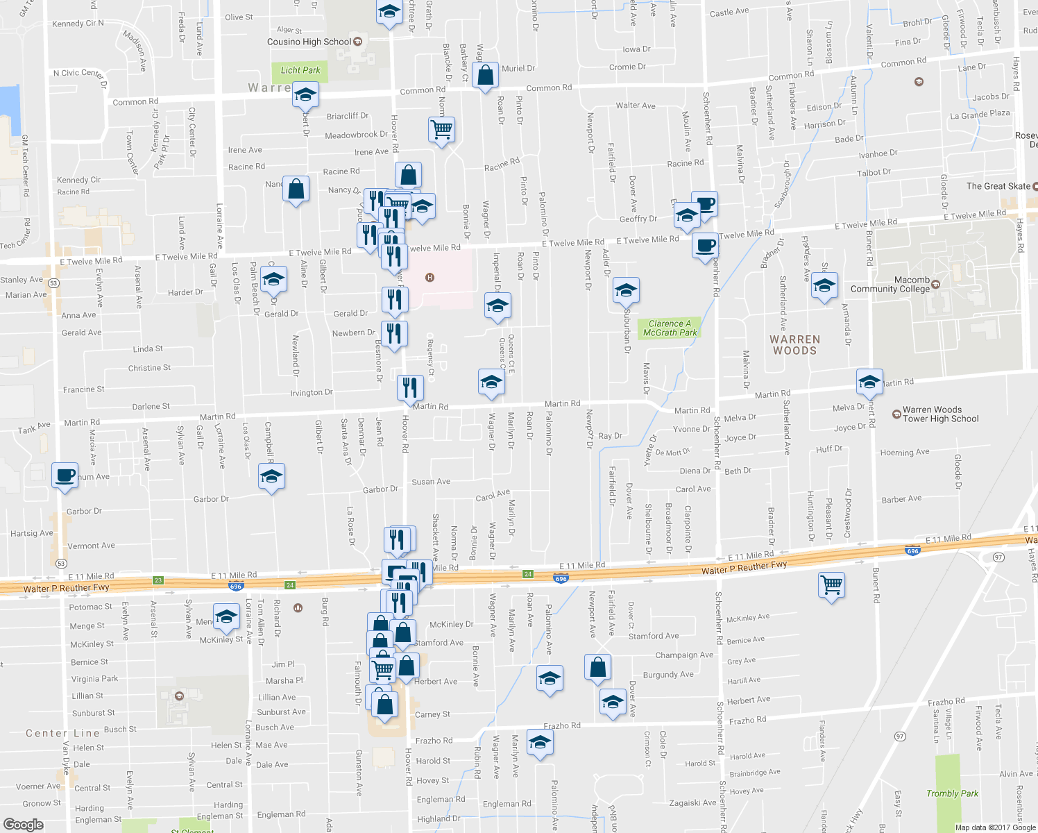 map of restaurants, bars, coffee shops, grocery stores, and more near 27854 Marilyn Dr in Warren