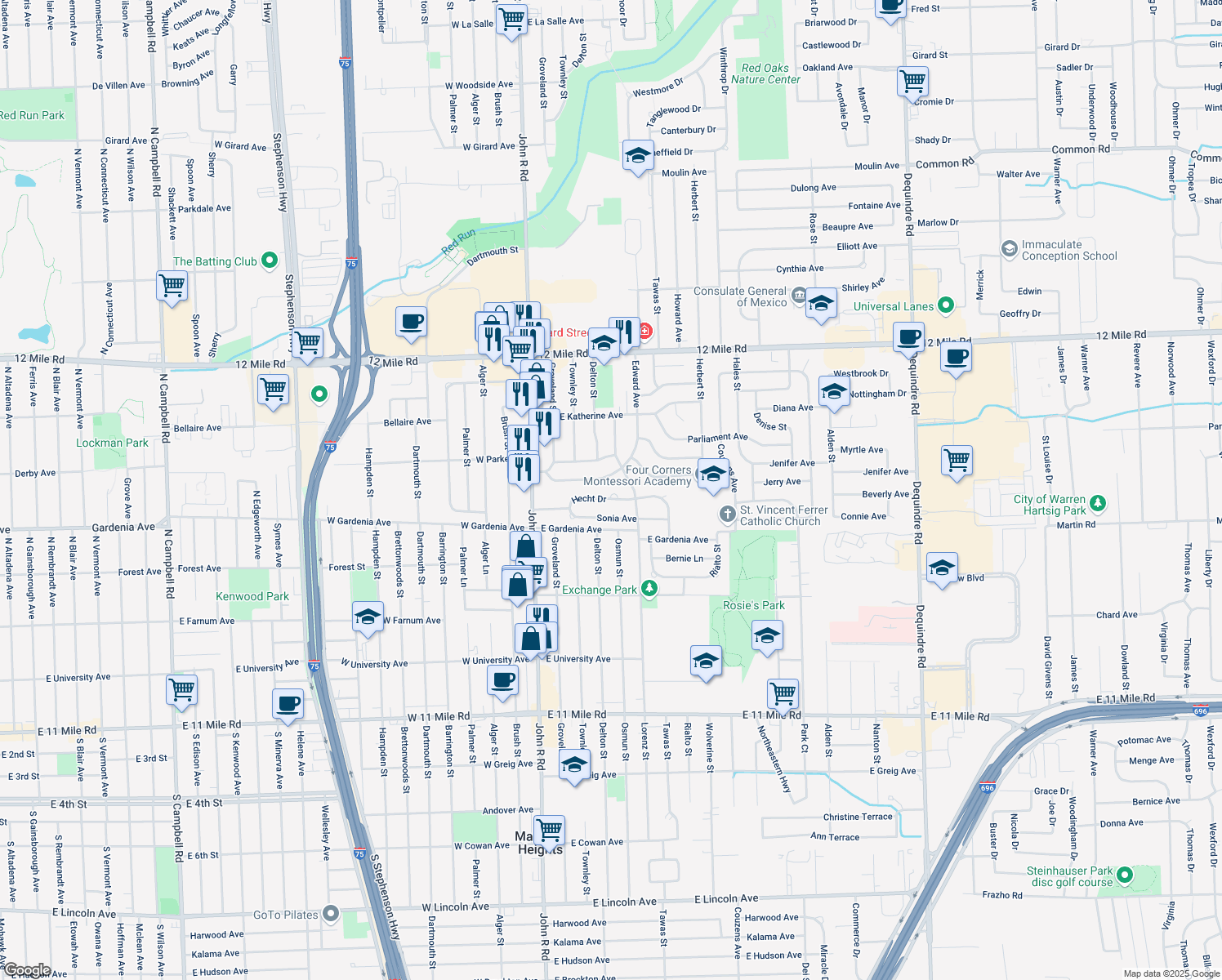 map of restaurants, bars, coffee shops, grocery stores, and more near 339 Hecht Drive in Madison Heights