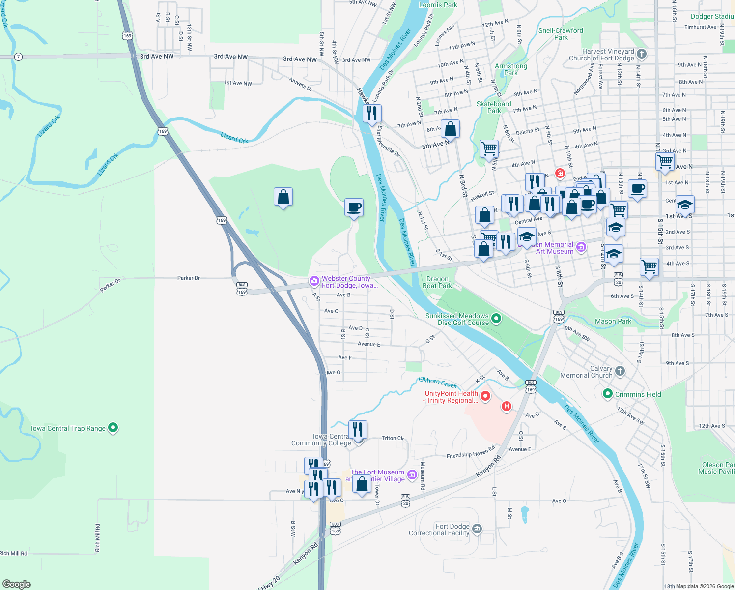 map of restaurants, bars, coffee shops, grocery stores, and more near 299 Ave B in Fort Dodge