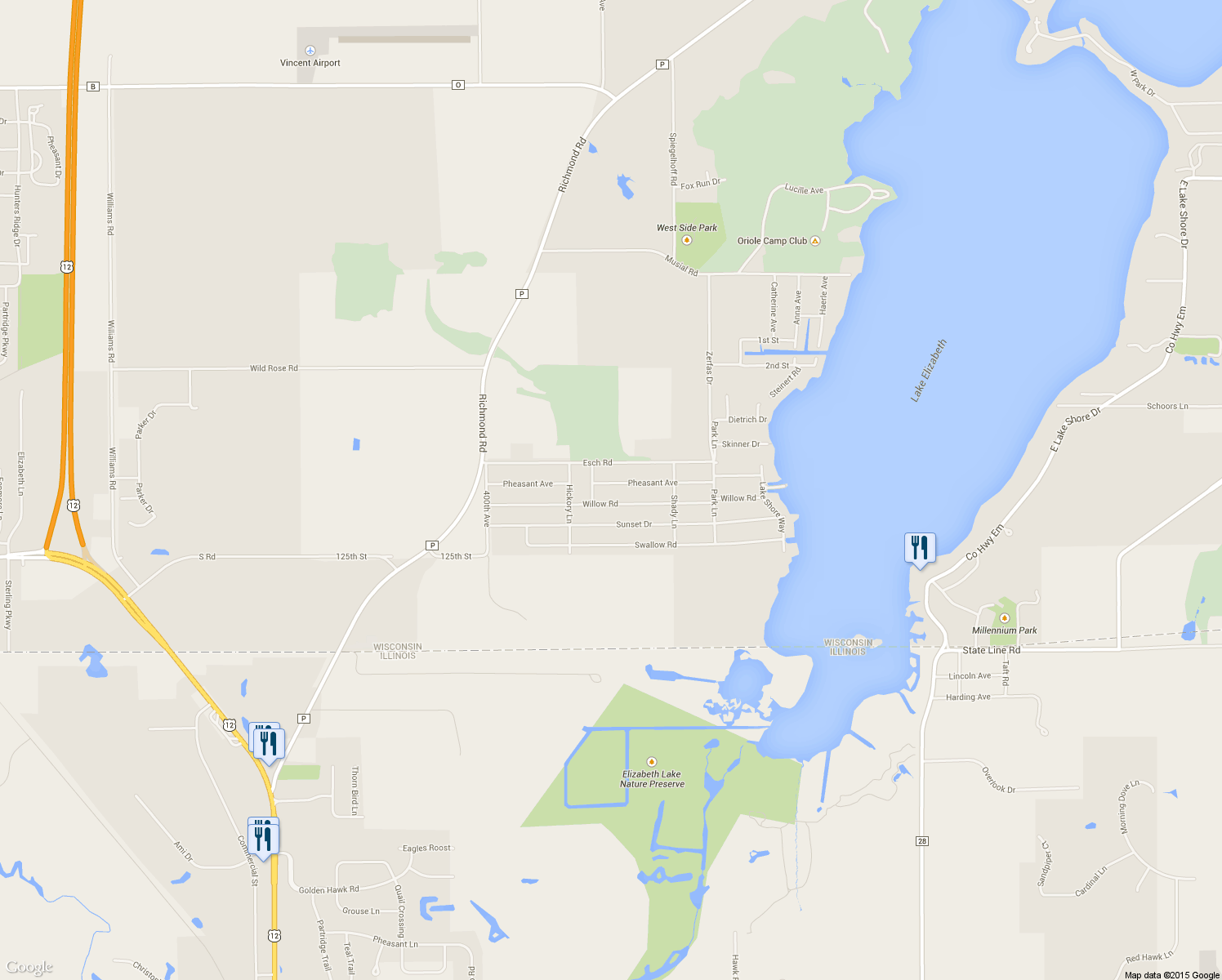 map of restaurants, bars, coffee shops, grocery stores, and more near 1821 Pheasant Avenue in Twin Lakes