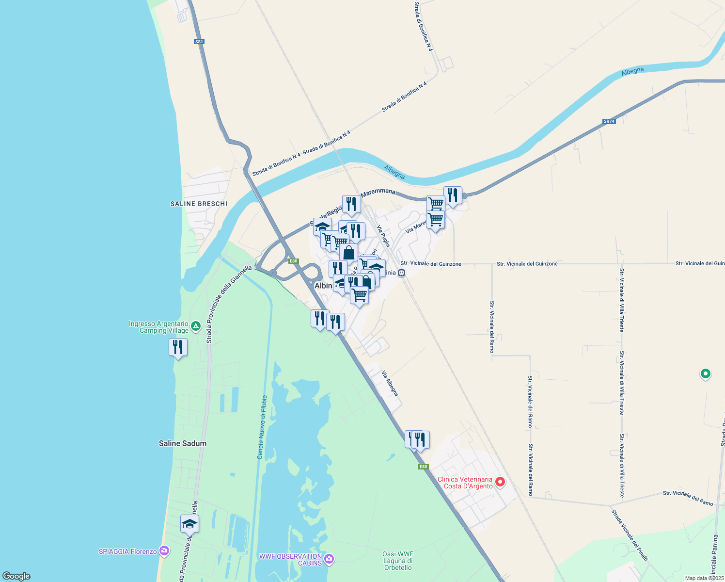 map of restaurants, bars, coffee shops, grocery stores, and more near 16 Via Renato Fucini in Albinia