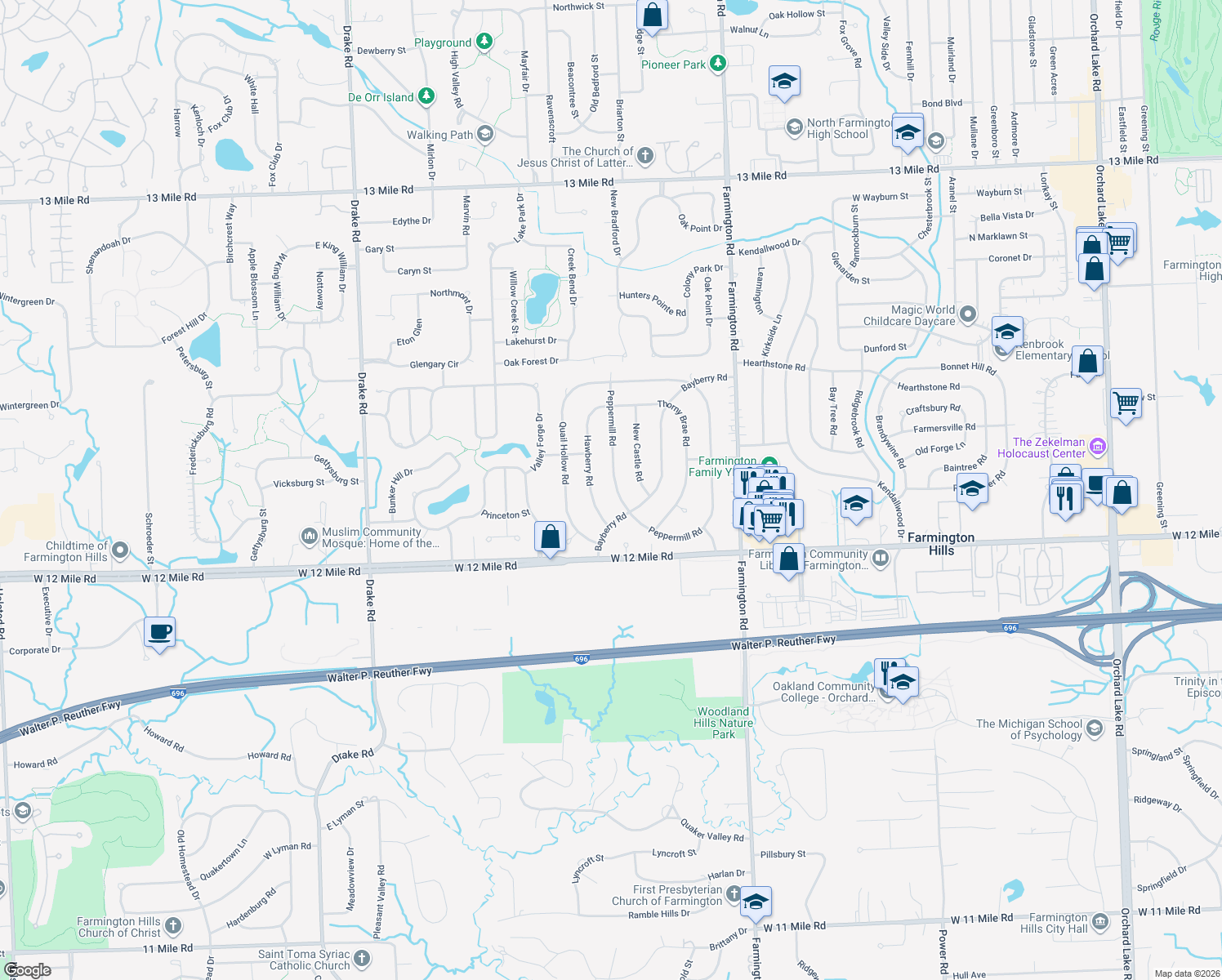map of restaurants, bars, coffee shops, grocery stores, and more near 28211 Peppermill Road in Farmington Hills