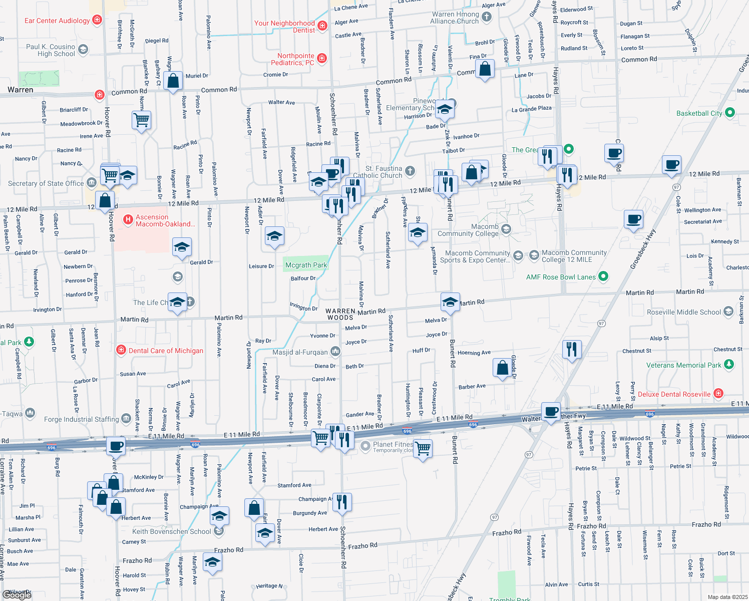 map of restaurants, bars, coffee shops, grocery stores, and more near 13800 Irvington Dr in Warren