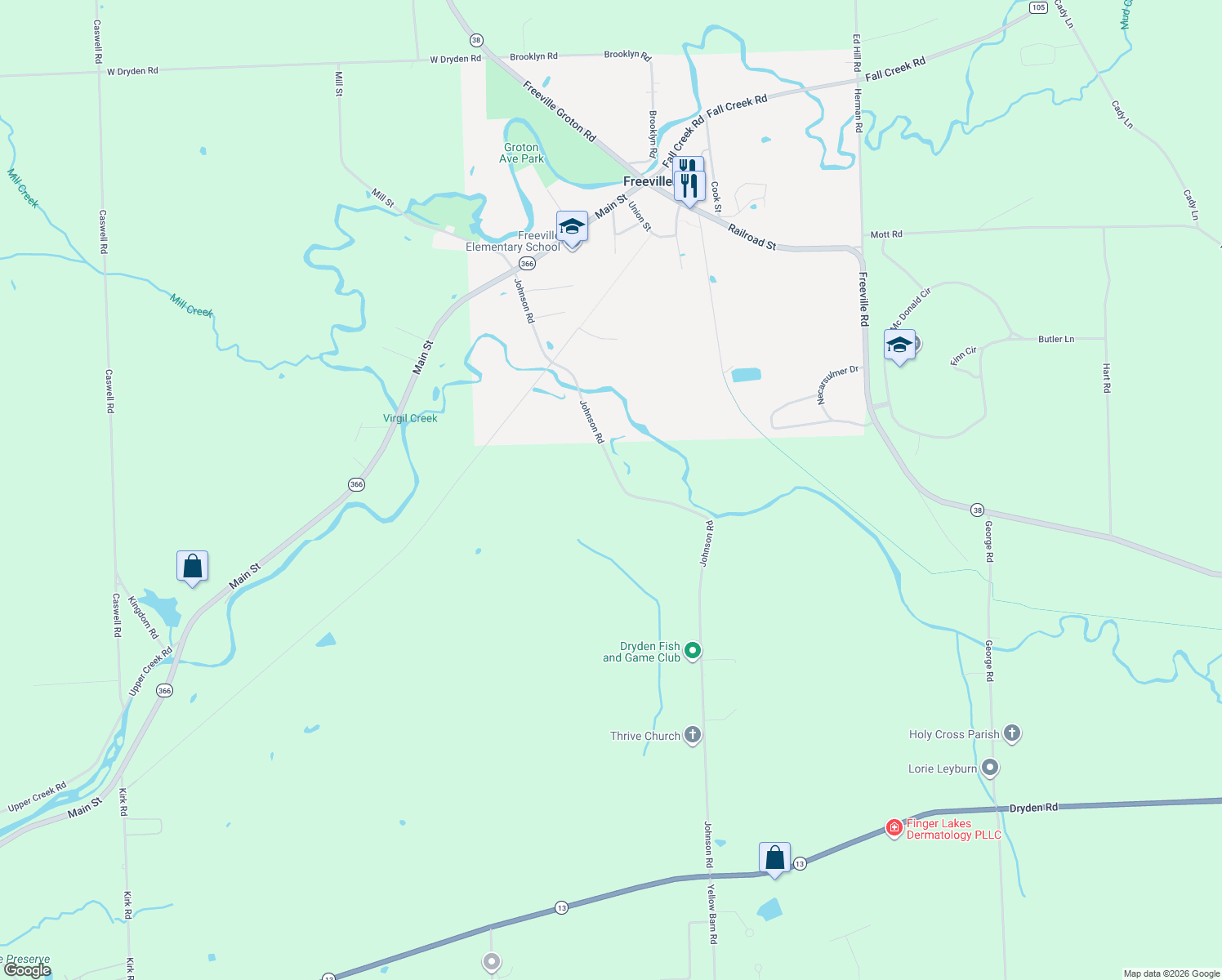 map of restaurants, bars, coffee shops, grocery stores, and more near 130 Johnson Rd in Freeville