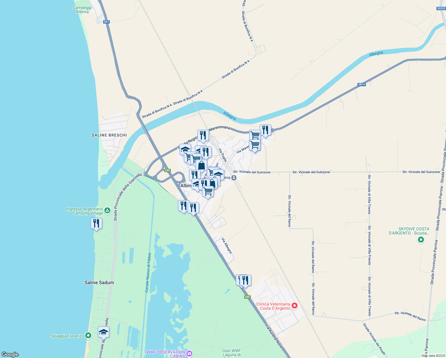 map of restaurants, bars, coffee shops, grocery stores, and more near 74 Via Maremmana in Albinia