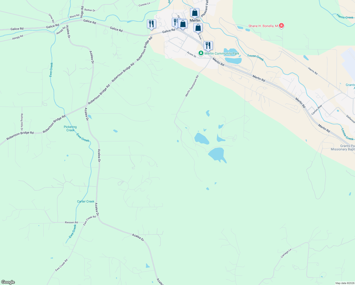 map of restaurants, bars, coffee shops, grocery stores, and more near 822 Merlin Sanitarium Road in Merlin