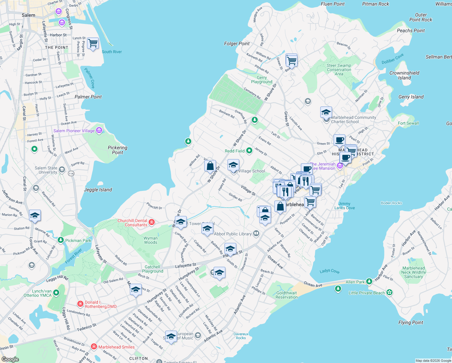 map of restaurants, bars, coffee shops, grocery stores, and more near 4 Haley Road in Marblehead