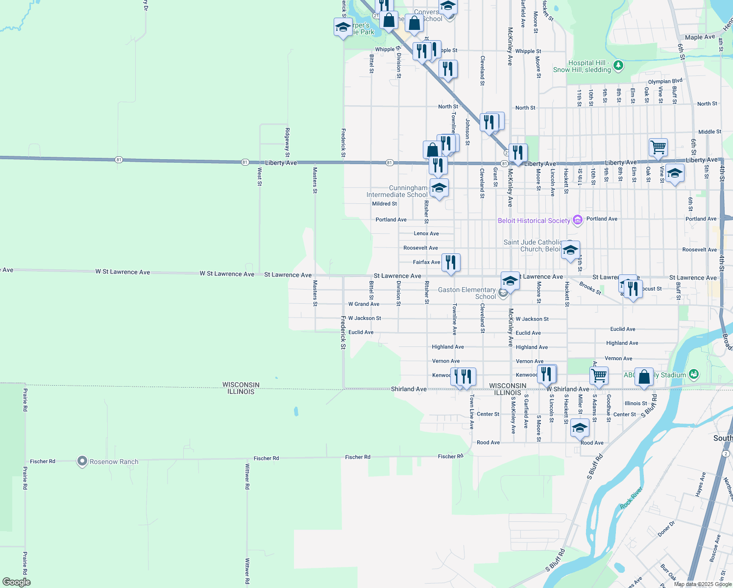 map of restaurants, bars, coffee shops, grocery stores, and more near 2210 Forest Avenue in Beloit