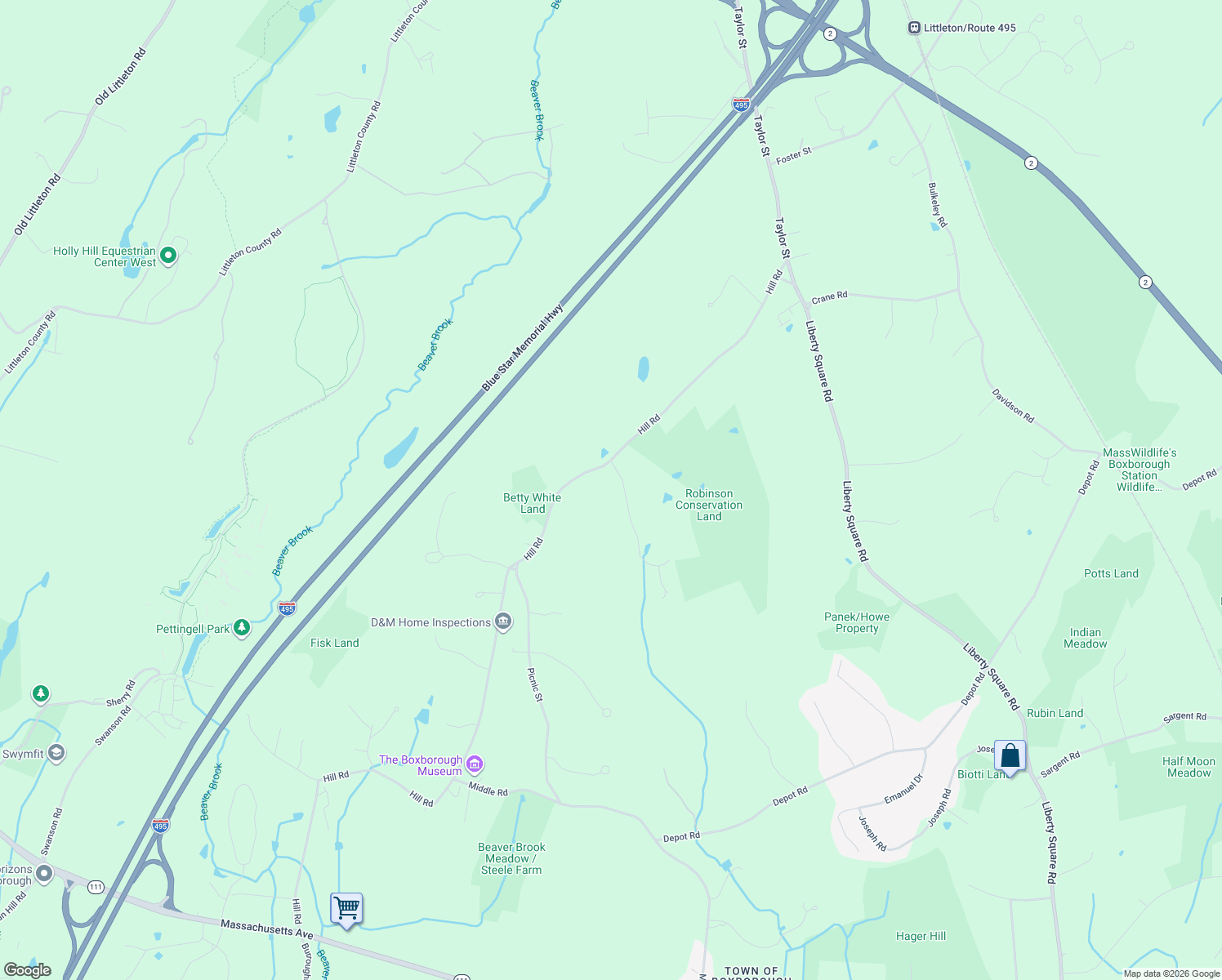map of restaurants, bars, coffee shops, grocery stores, and more near 959 Hill Road in Boxborough