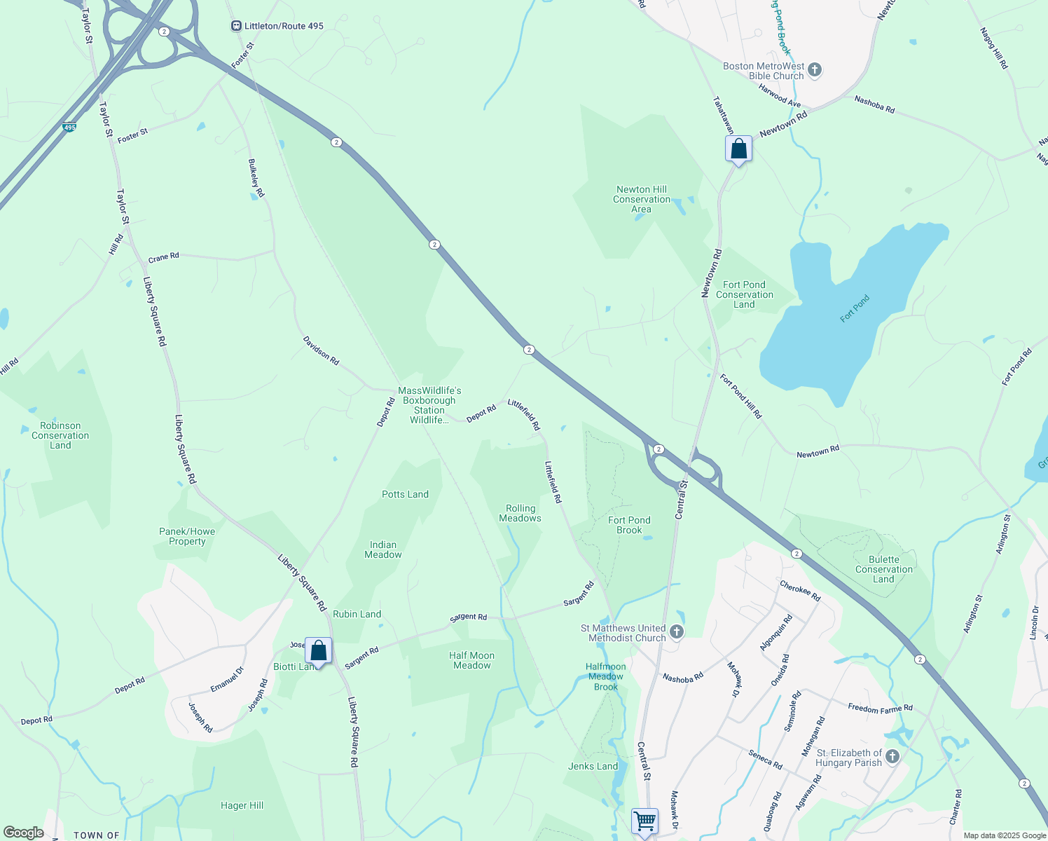 map of restaurants, bars, coffee shops, grocery stores, and more near 420 Littlefield Road in Boxborough