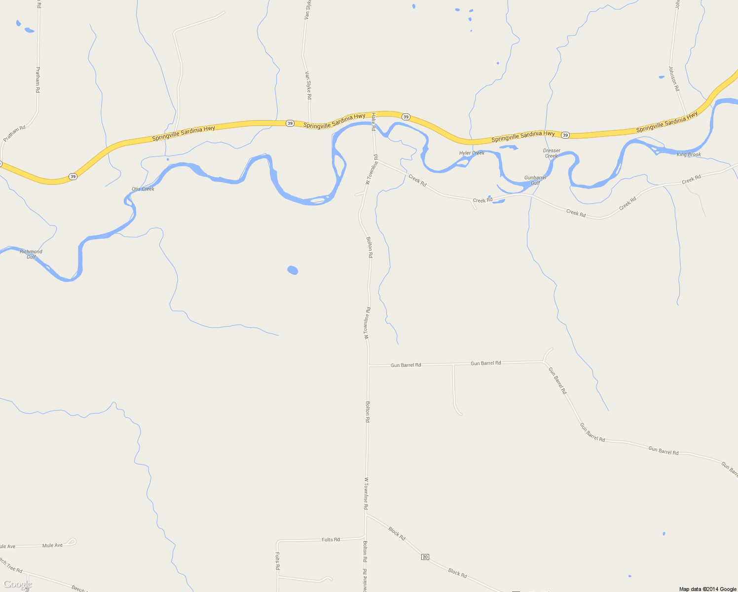 map of restaurants, bars, coffee shops, grocery stores, and more near 11540 Bolton Road in Springville