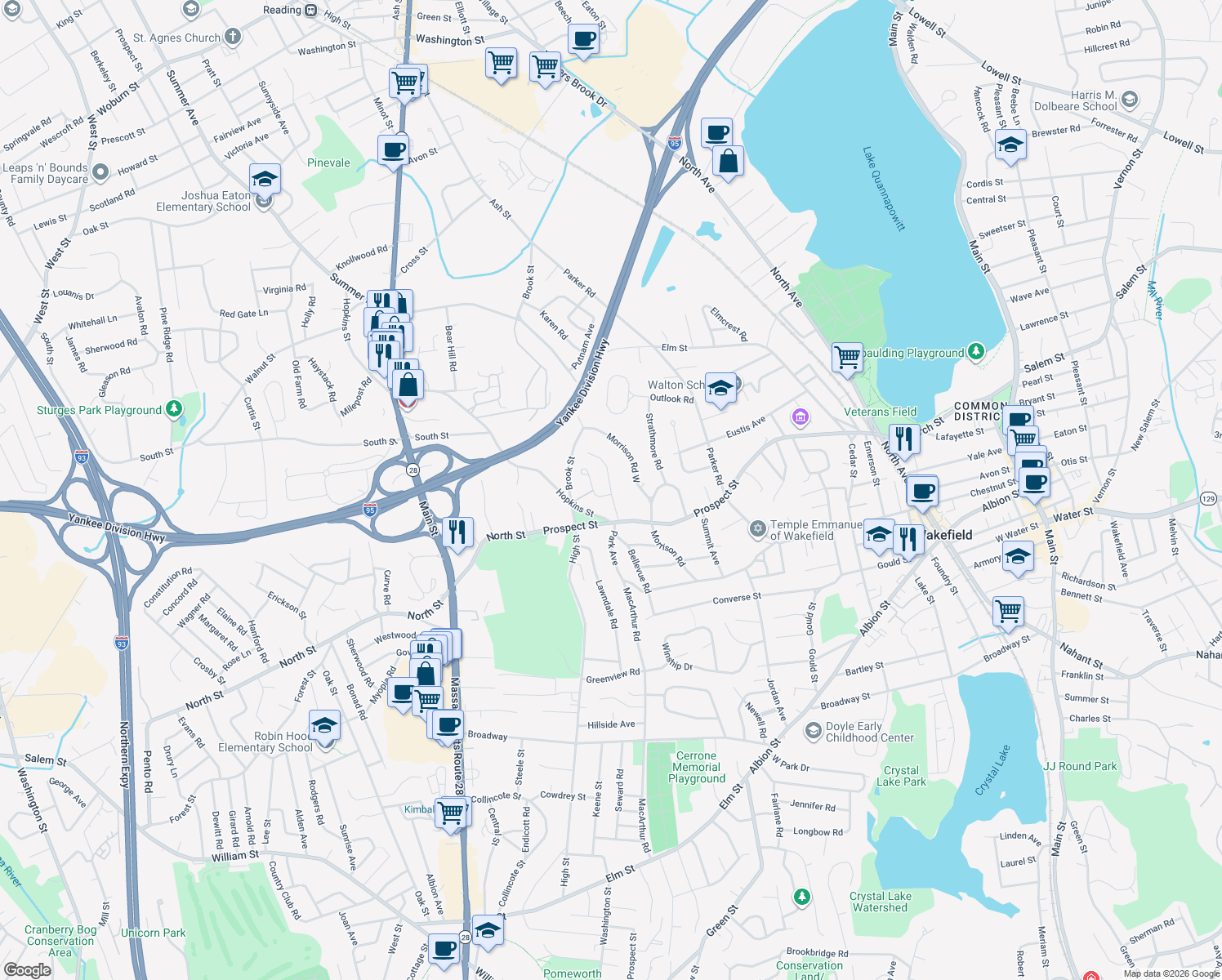 map of restaurants, bars, coffee shops, grocery stores, and more near 23 Vale View Road in Wakefield