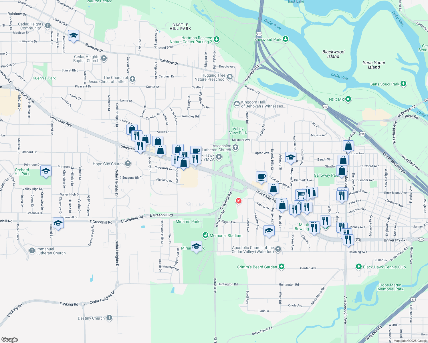 map of restaurants, bars, coffee shops, grocery stores, and more near 3600 Highway 934 in Waterloo