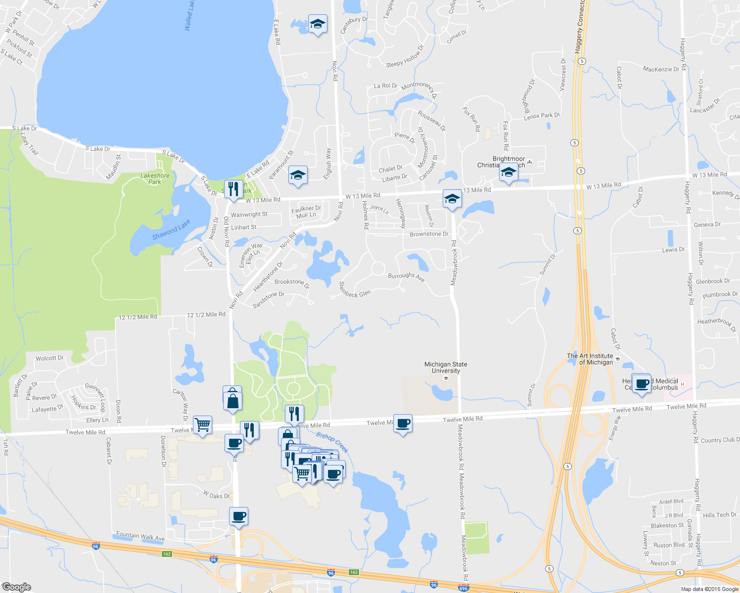 map of restaurants, bars, coffee shops, grocery stores, and more near 41673 Steinbeck Glen in Novi