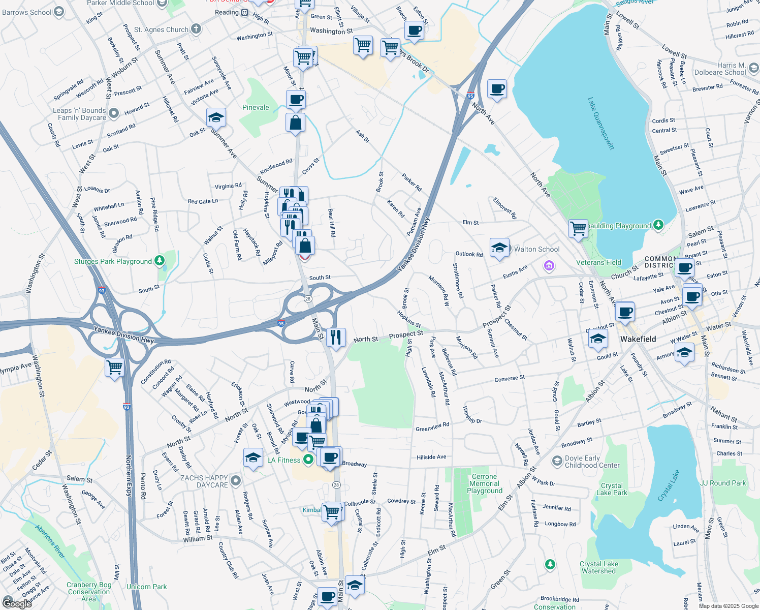 map of restaurants, bars, coffee shops, grocery stores, and more near 54 Hopkins Street in Wakefield